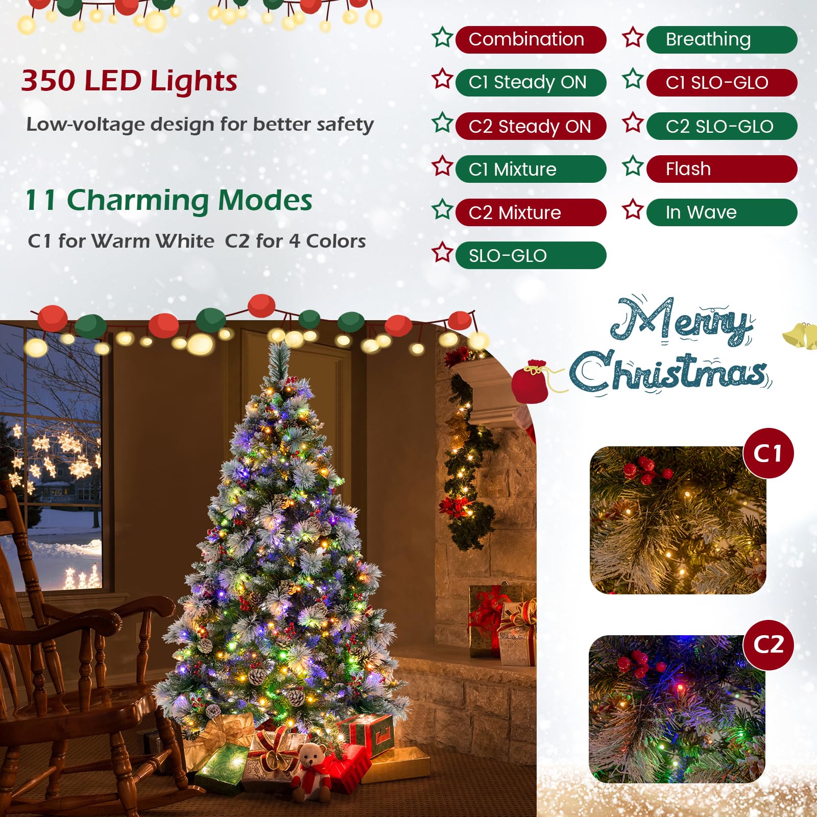 GOFLAME 7FT Pre-Lit Christmas Tree with Pine Needles, Hinged Artificial Xmas Tree with 1116 Branch Tips, 400 LED Lights, 70 Pine