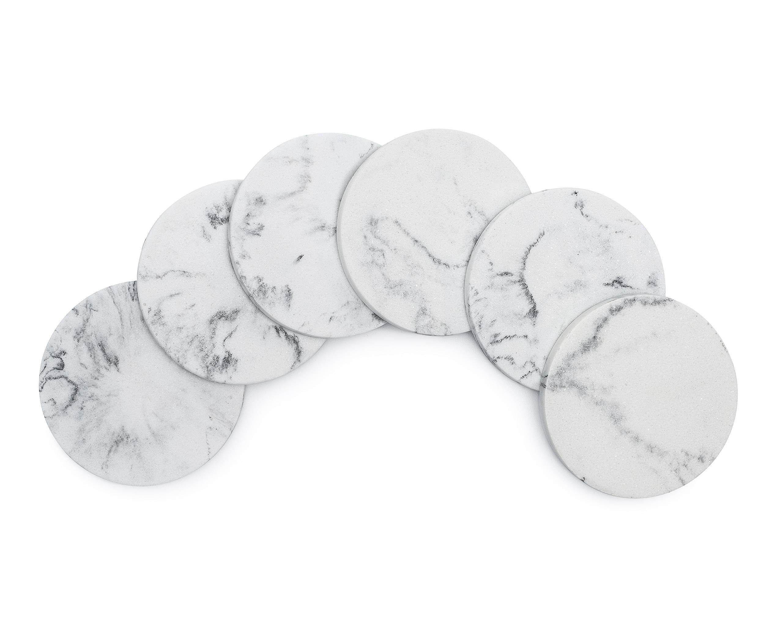 Essentra Home Set Of 6 White Marble Coasters For Drinks, Soft Felt Bottom Protects Your Furniture From Scratches, Absorbent 4 In