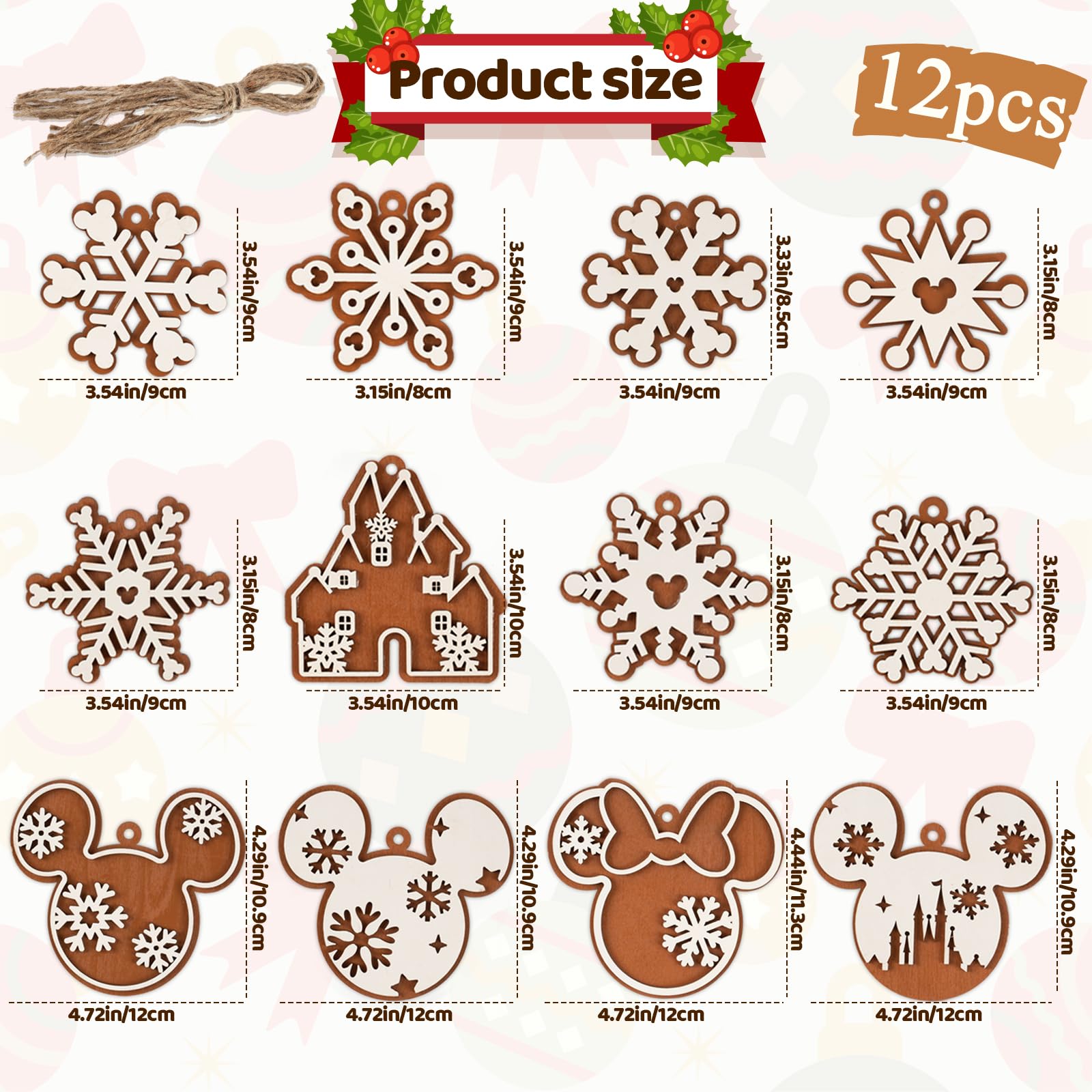 Christmas Tree Decorations, 12pcs Cute Christmas Snowflake Mouse Ornaments for Tree, Wooden Round Hanging Ornaments Pendants for