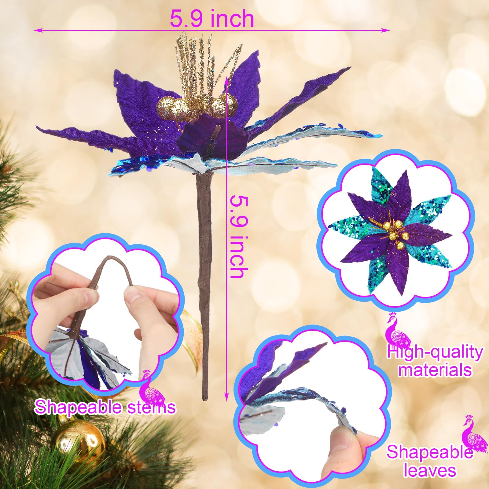 Bucherry 12 Pcs Peacock Christmas Ornaments, 6 Inch Silk Poinsettia Flowers Artificial with Clips, Glitter Purple and Blue Chris