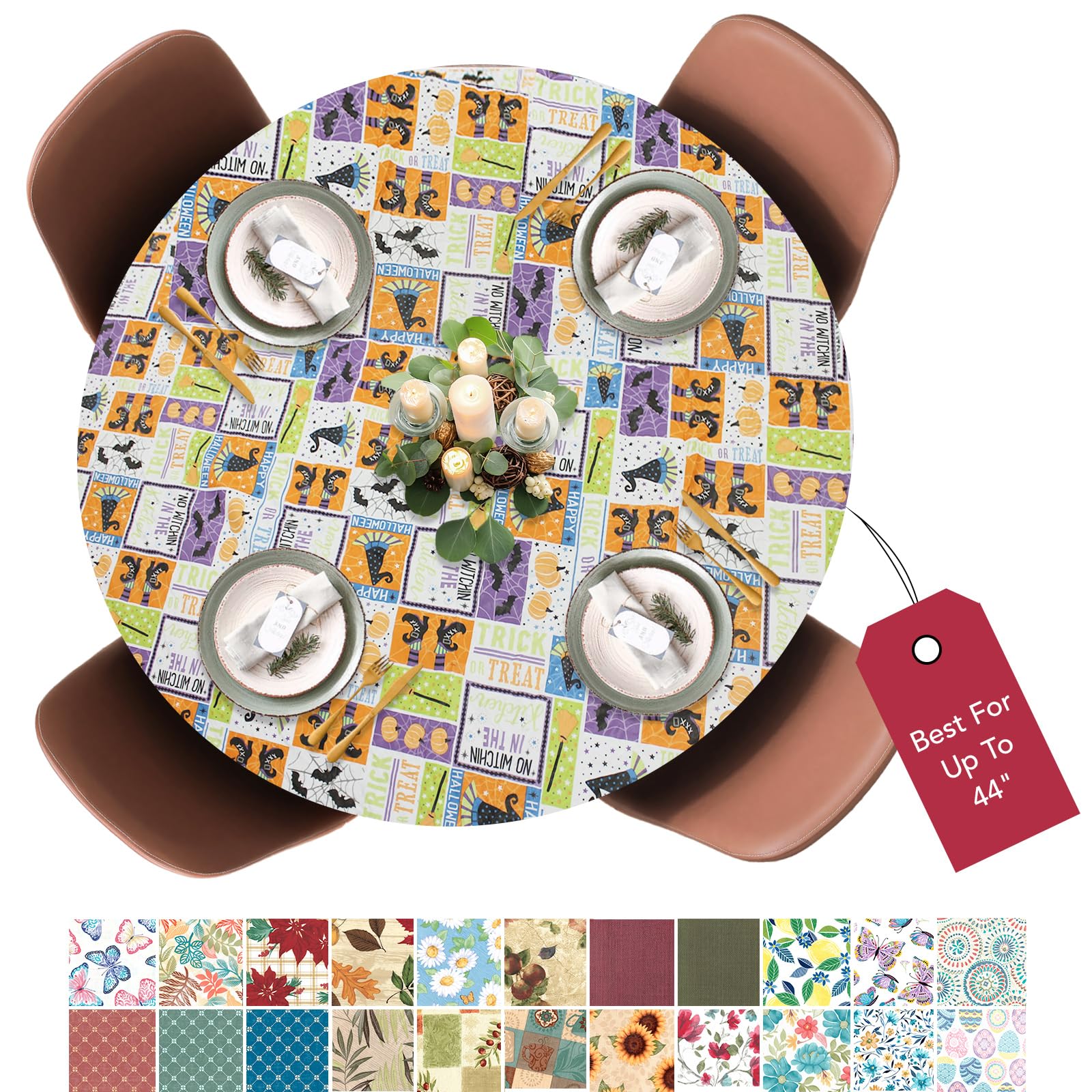 Covers For The Home Deluxe Elastic Edged Flannel Backed Vinyl Fitted Table Cover - Halloween Witchy Patchwork- Small Round Oblon