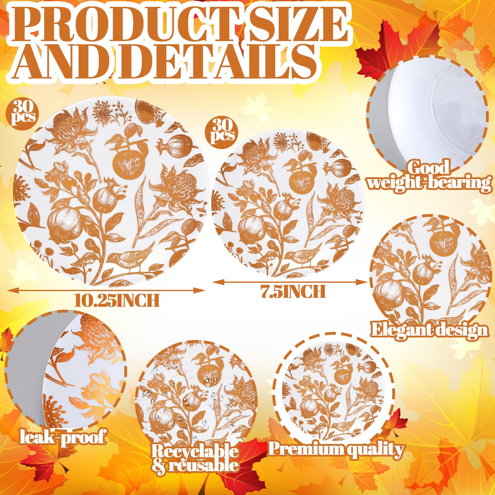 Suclain 60 Pcs Brown Fall Pomegranate Plastic Plates Thanksgiving Wedding Party Decoration Bulk 10.25 7.5 Dessert Dinner Dis