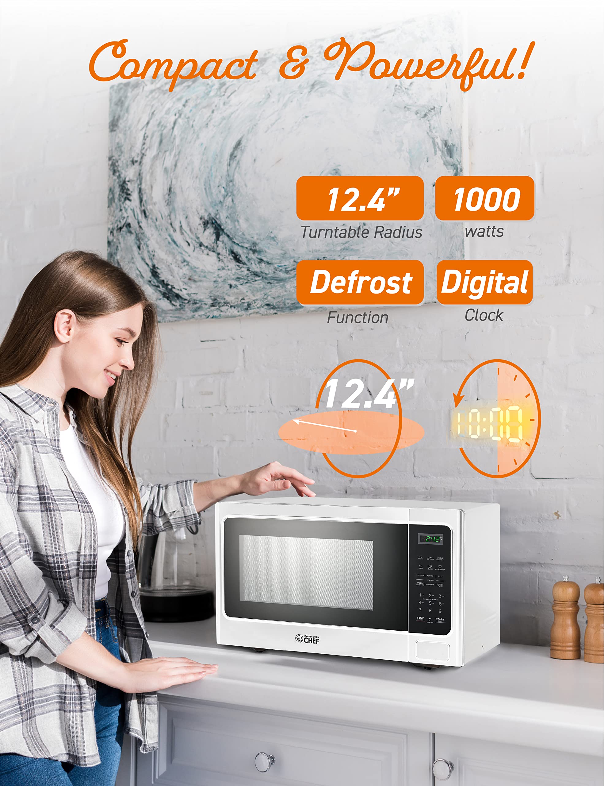 Commercial Chef Small Microwave 1.3 Cu. Ft. Countertop Microwave With Digital Display, White Microwave & 10 Power Levels, Outsta