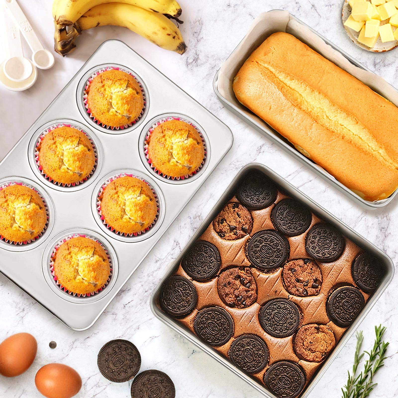 E-Far Stainless Steel Bakeware Set, Metal Baking Pan Set Of 9, Include Round/Square Cake Pans, Rectangle Baking Pan With Lid, Lo