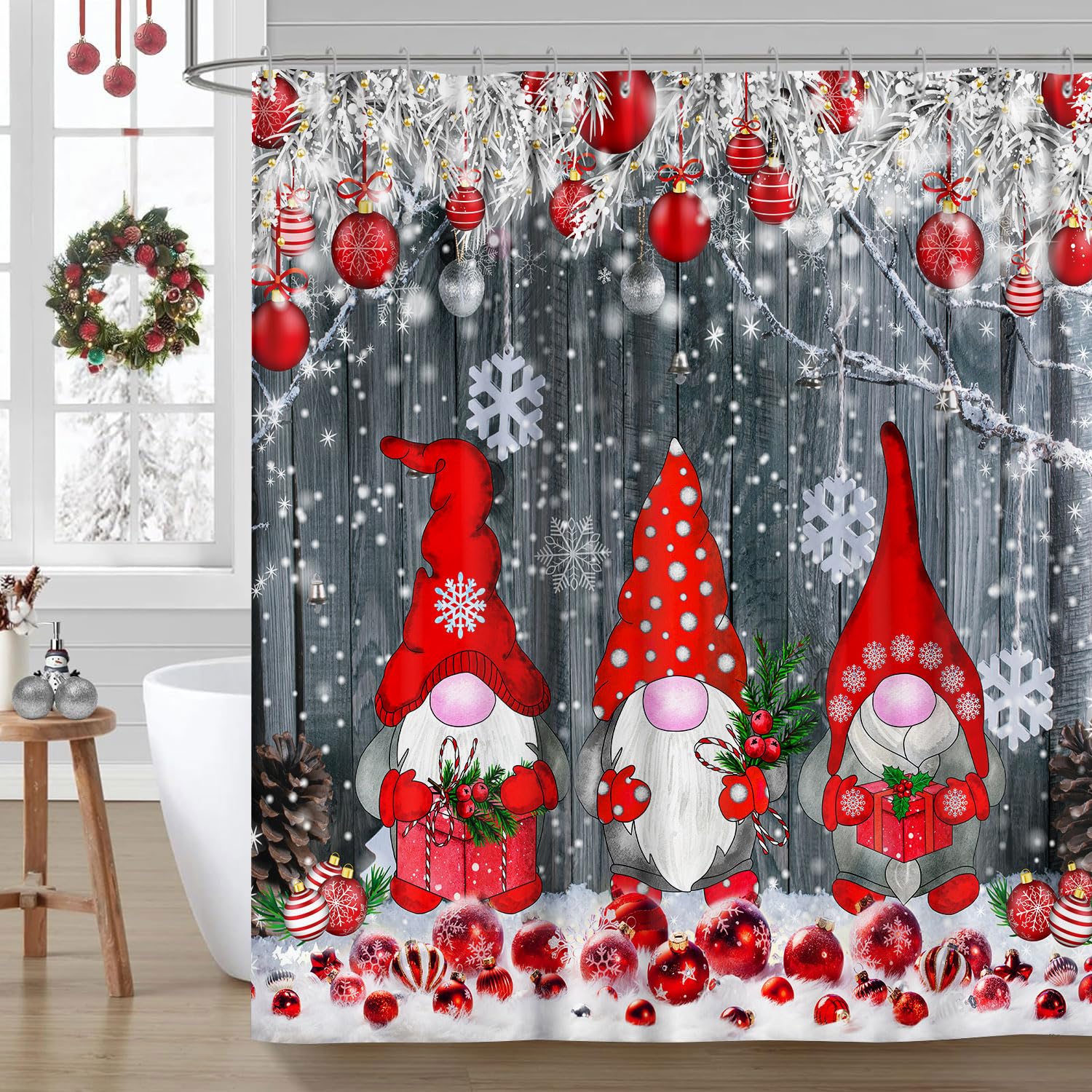 Christmas Gnomes Shower Curtain For Bathroom, Xmas Cute Red Xmas Ball Snowflake Gnomes Winter Shower Curtain, Rustic Farmhouse C