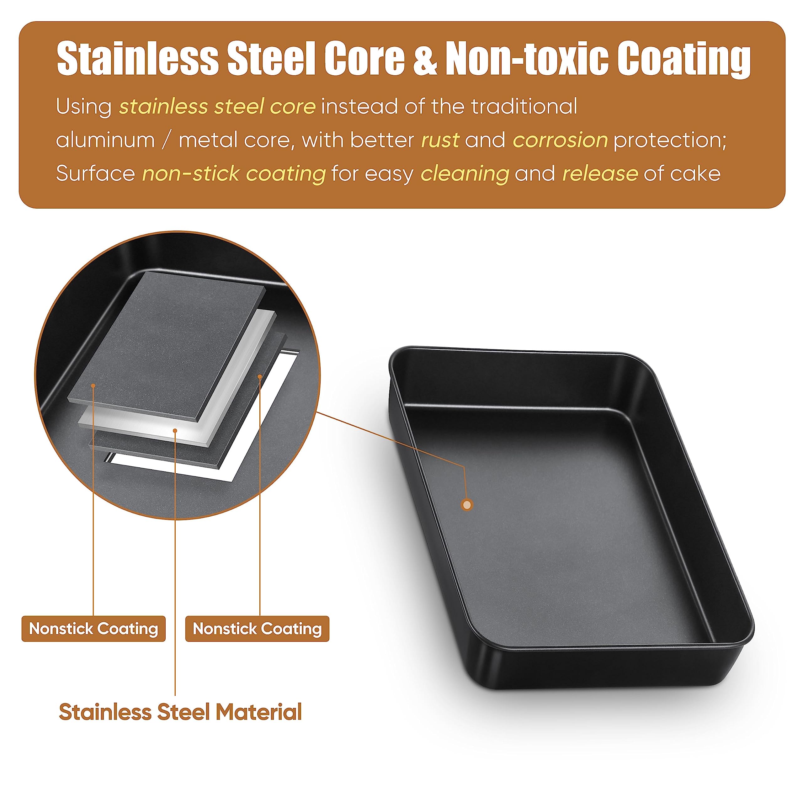 E-Far Baking Pan With Lid, 9.4 X 7.3 X 2 Inch Nonstick Rectangle Stainless Steel Cake Pan Sheet For Toaster Oven, Small Black Ba