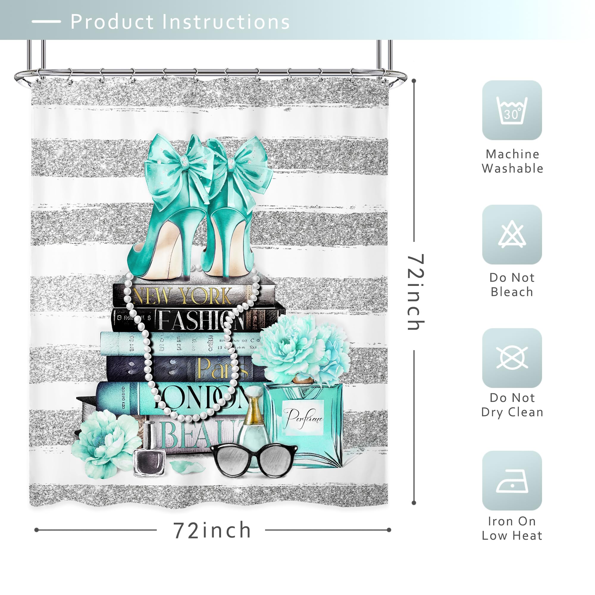 Riyidecor Fashion Women Shower Curtain 72Wx72H Inch Modern Teal Silver Magazine Book Girly White Stripe Rose Flower High Heel Ma