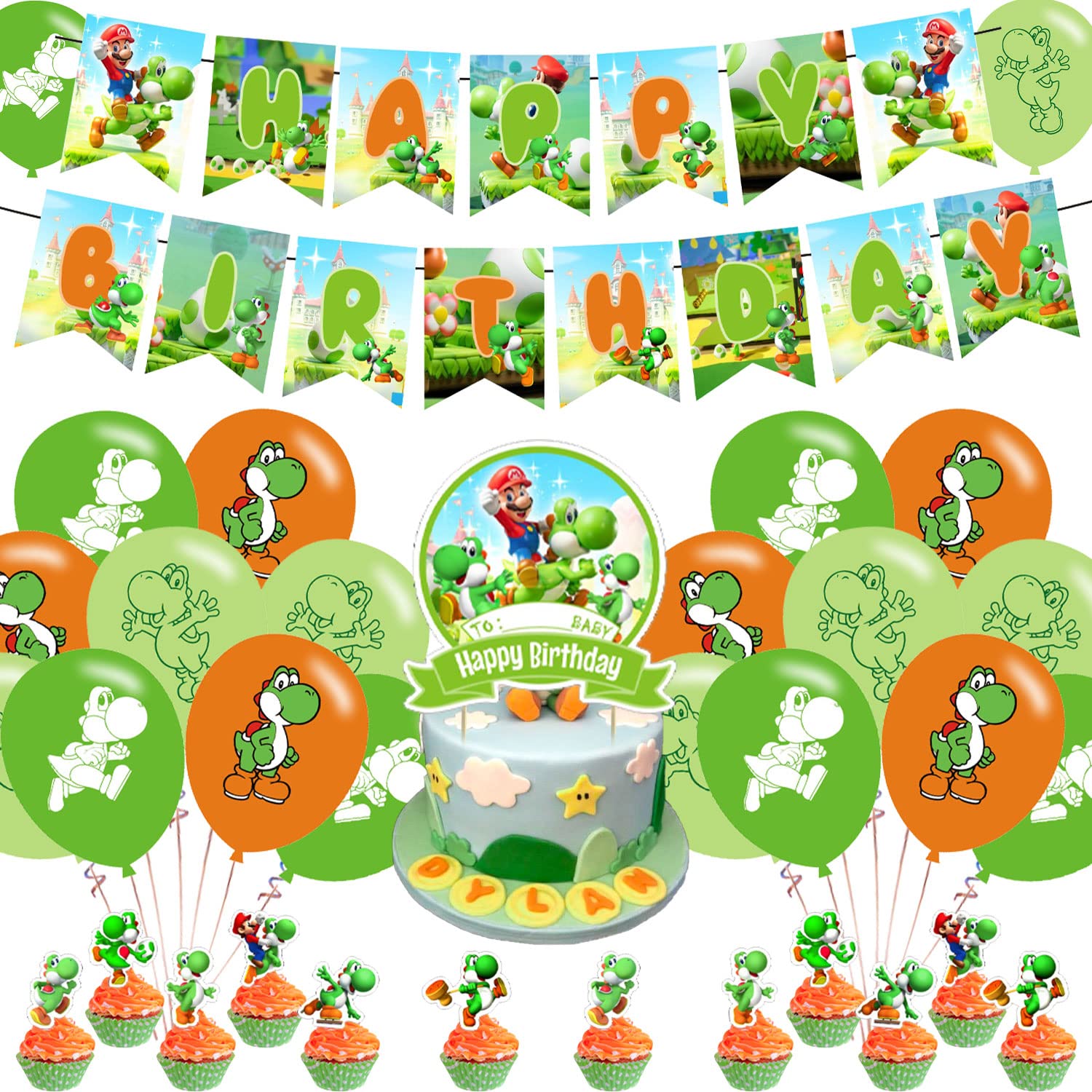 Yoshi Party Decorations,Birthday Party Supplies For Mario Yoshi Party Supplies Includes Banner - Cake Topper - 12 Cupcake Topper