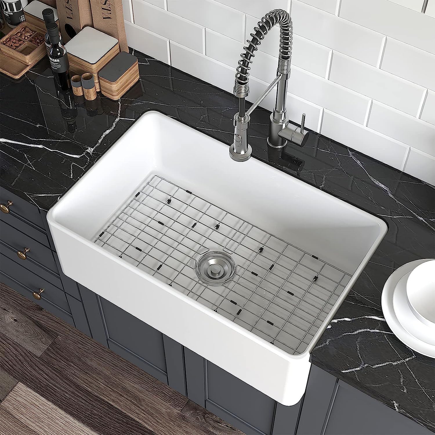 HOROW HRSW Farmhouse Kitchen Sink, 30-inch Single Bowl Sink with Bottom Grid & Strainer, Large Apron-front Ceramic Porcelain Bas