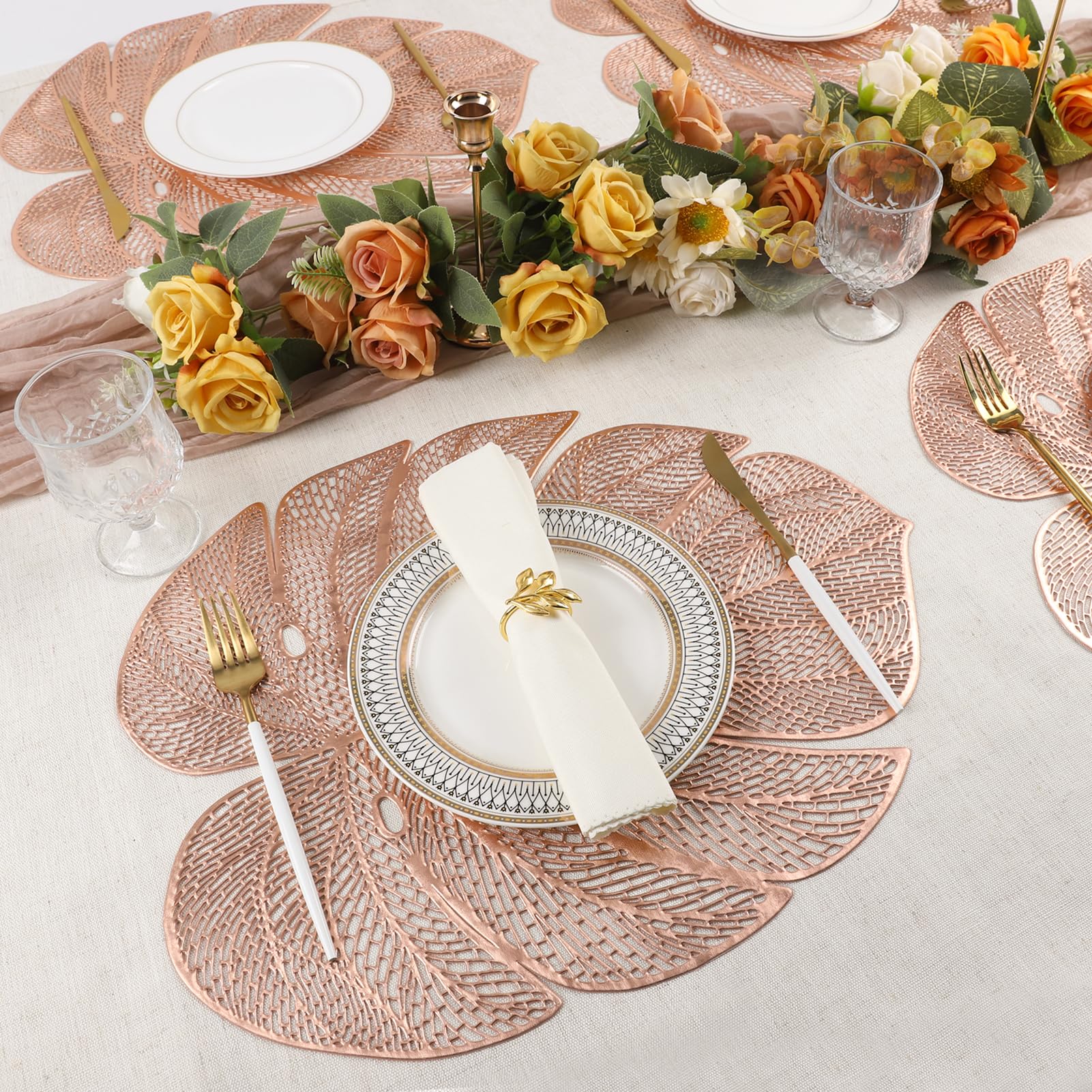 Evevda Rose Gold Leaf Shaped Vinyl Placemats For Dinner Table Set Of 6 Metallic Plastic Place Mats Wipeable 6Pcs Table Mats For