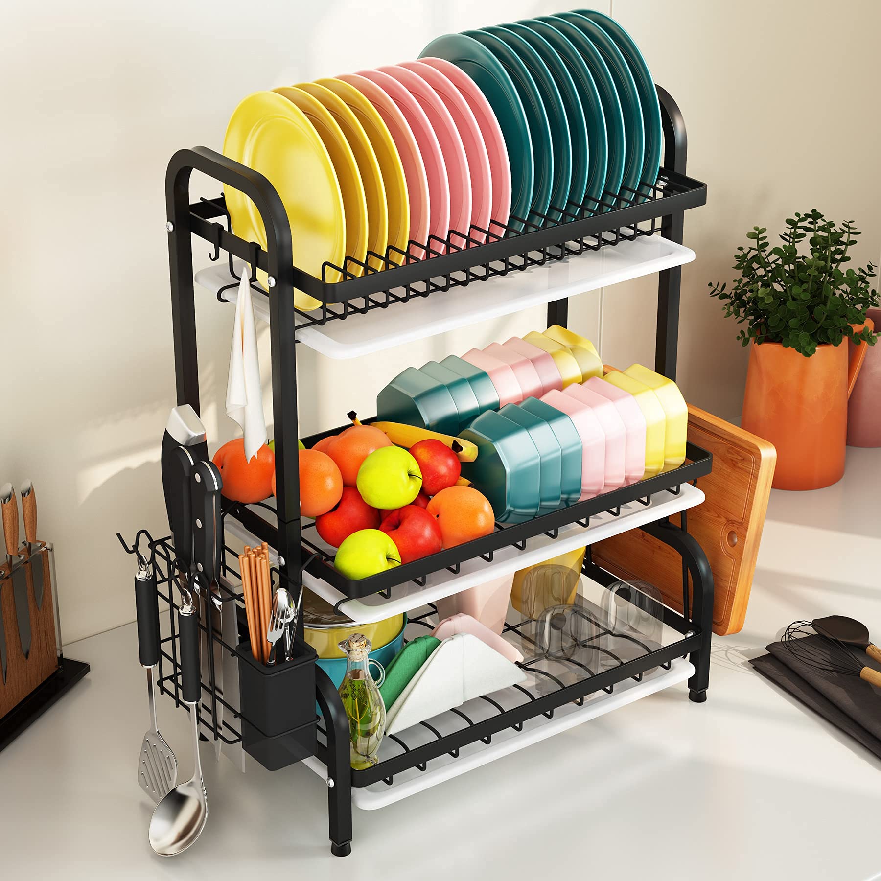 1Easylife Dish Drying Rack  3 Tier Dish Rack with Tray Utensil Holder  Large Capacity Dish Drainer with Cutting Board Holder Drain Board Tray for Kitchen Counter Organizer Storage (Black)