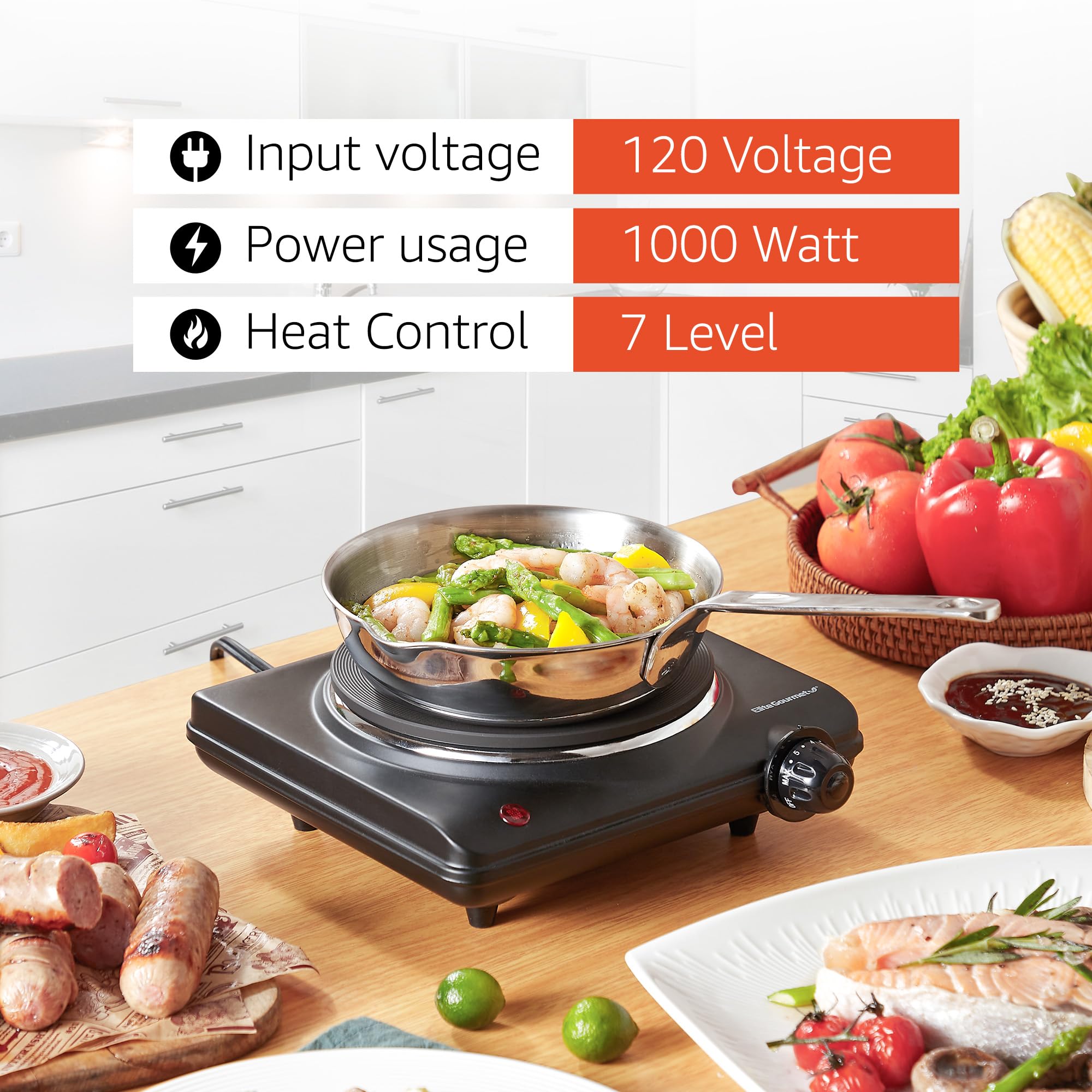 Elite Gourmet ESB-301BF Electric Hot Plate, 1000W, Single Cast Iron Burner, Easy to Clean, Black