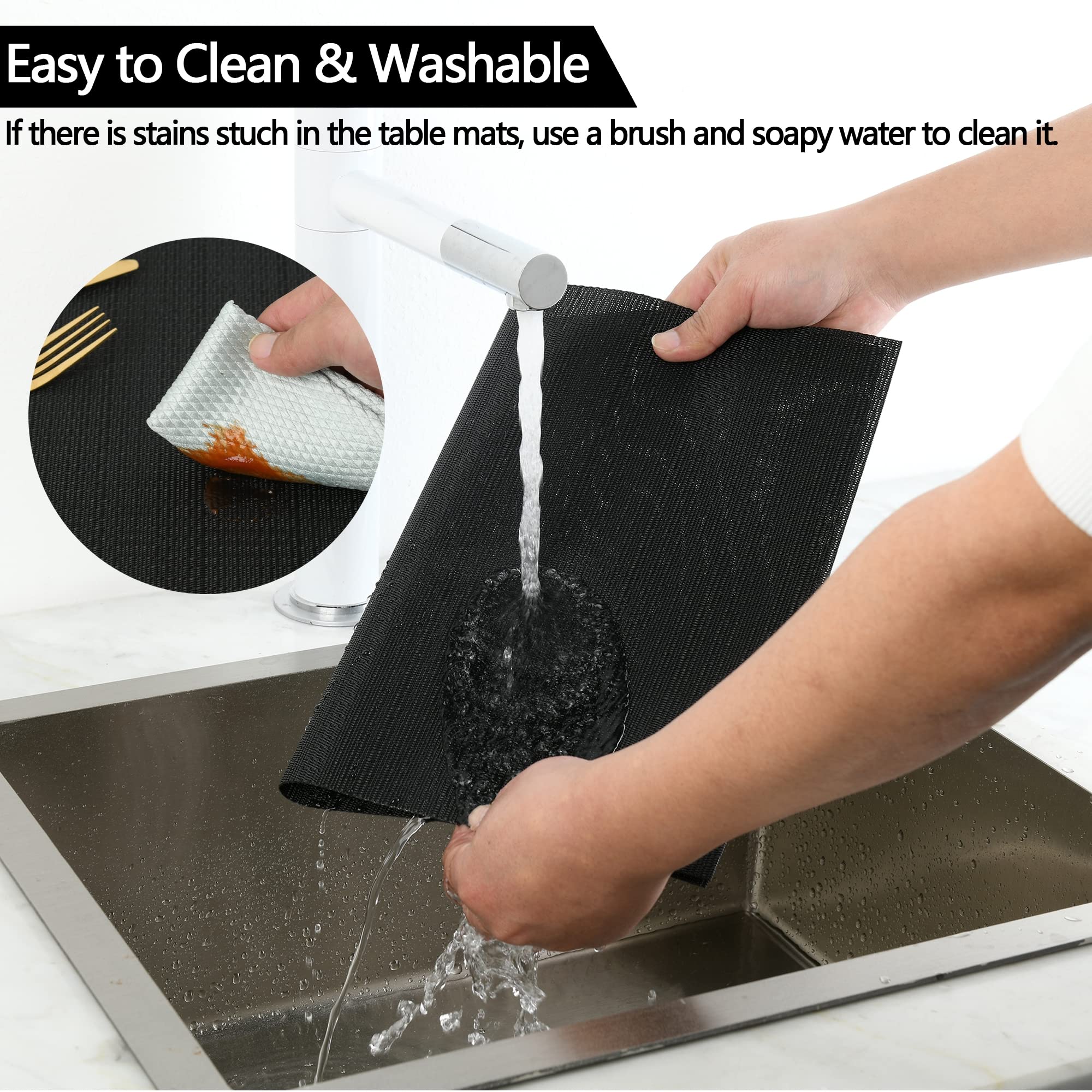 Slkqg Black Placemats Set Of 4 - Easy Clean Washable Vinyl Placemats - Wipeable Heat Proof Table Mats For Dining Table - 17X12 I