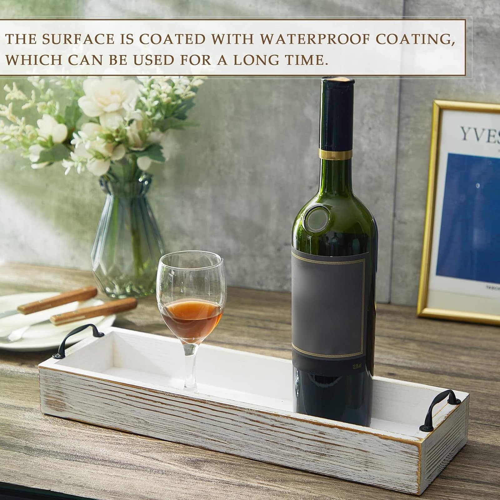 2 Pack Rustic Wooden Serving Trays Rustic Wooden Long Serving Trays With Handle Rectangular Ottoman Tray For Home Room Coffee Ta
