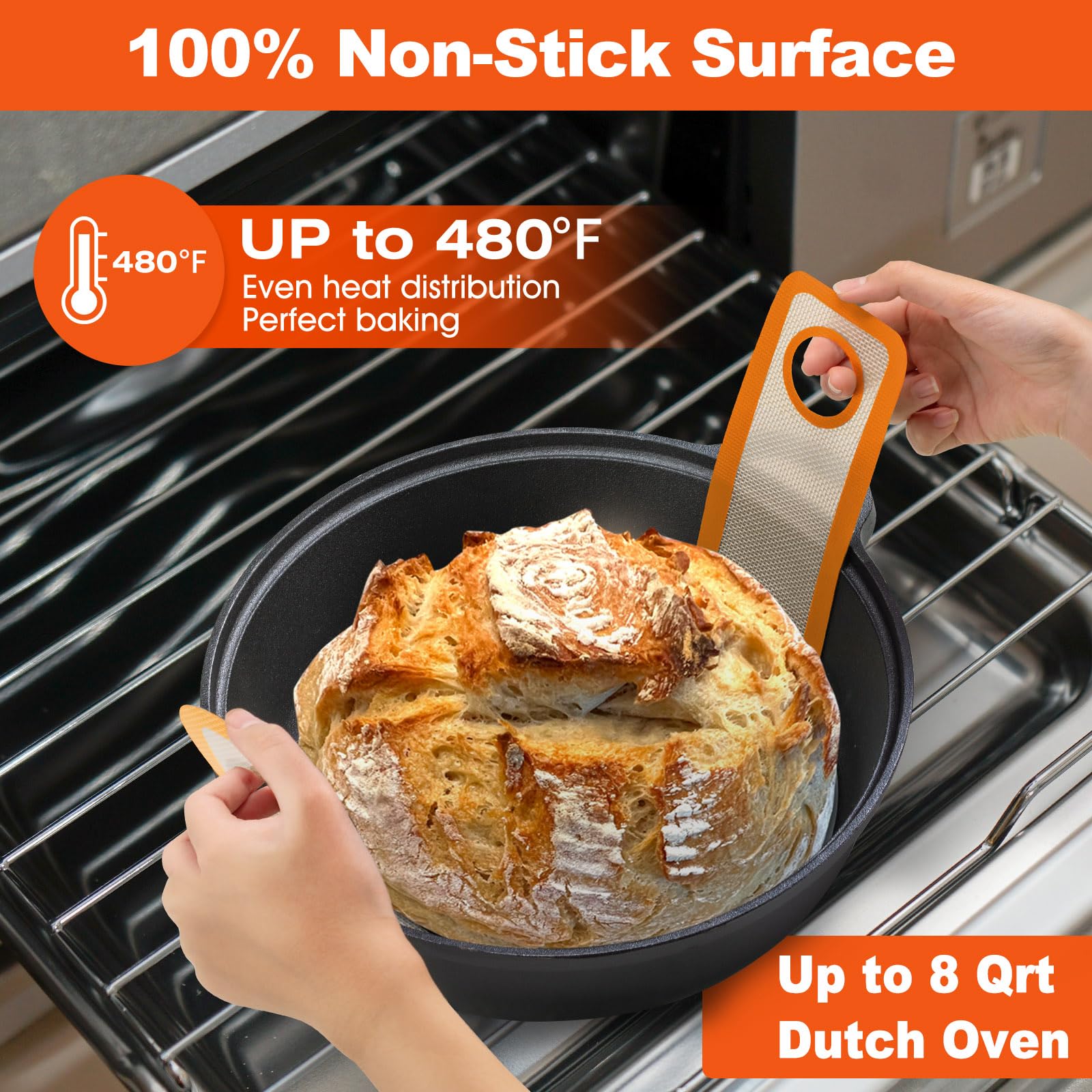 Silicone Bread Sling Dutch Oven - Best Japan Silicone. Non-Stick & Easy Clean Reusable Silicone Bread Baking Mat. With Extra Long Handles Bread Baking Sheet Liner  2 Orange Set for Transferable Dough