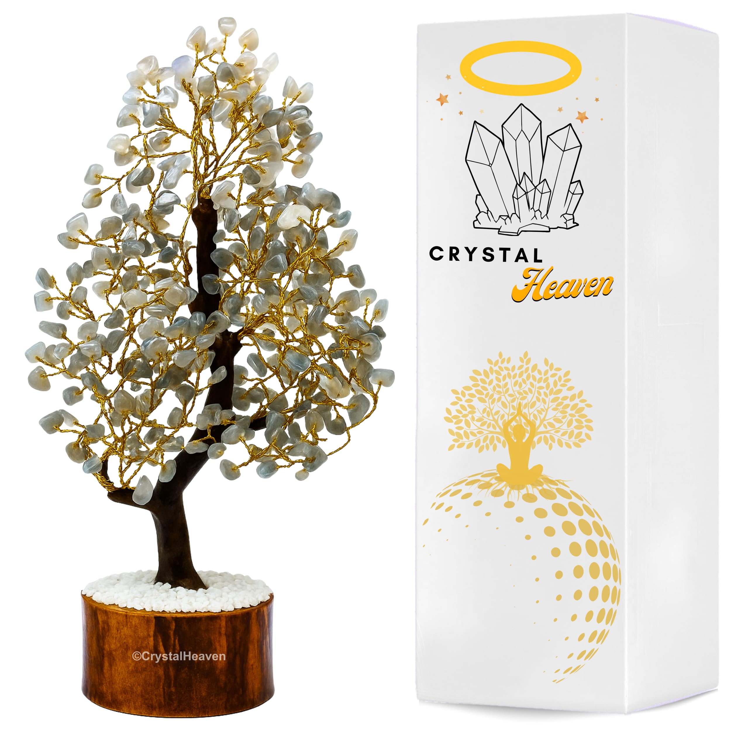 Grey Moonstone Crystal Tree For Good Luck - Healing Crystals Money Tree For Wealth, Positive Energy At Home Office - Decorative 