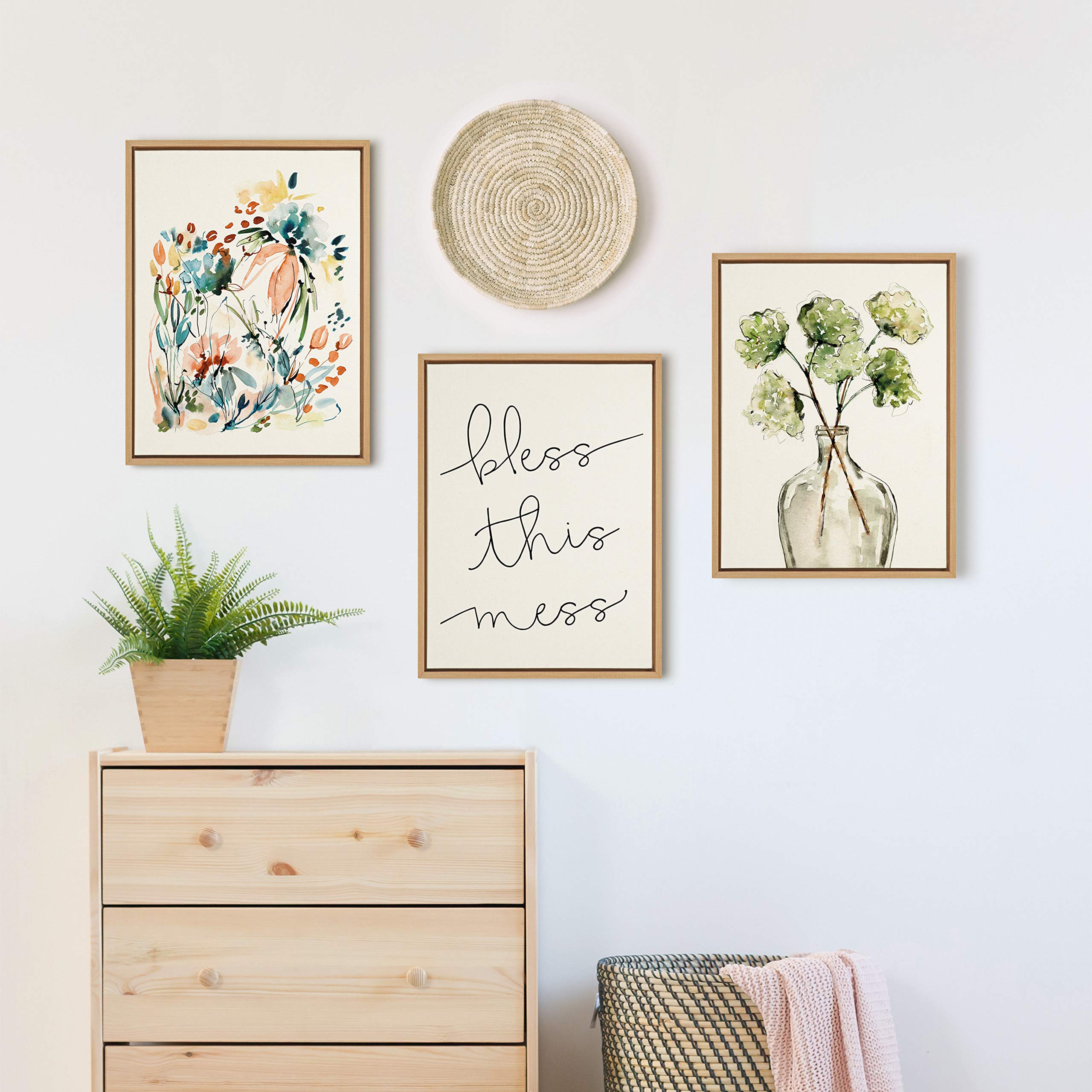 Kate And Laurel Sylvie Greenery Vase Framed Linen Textured Canvas Wall Art By Sara Berrenson, 18X24 Natural, Modern Nature Art F