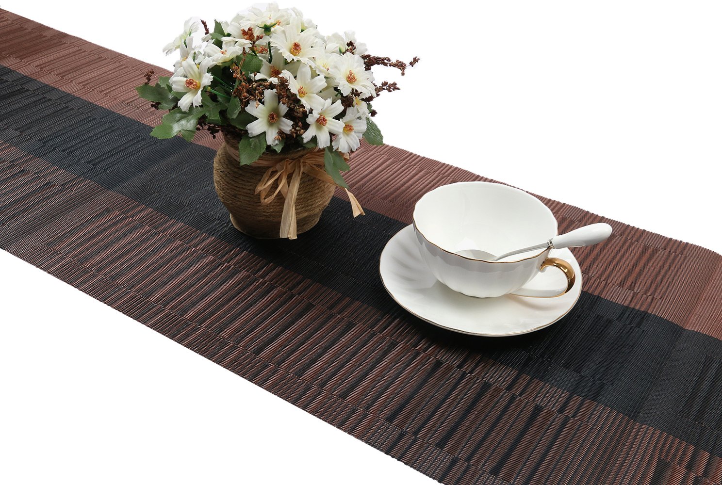 Shacos Table Runners Woven Vinyl Table Mats 12X54 Inch For Kitchen Dining Table Non Slip Washable, Ombre Coffee Black