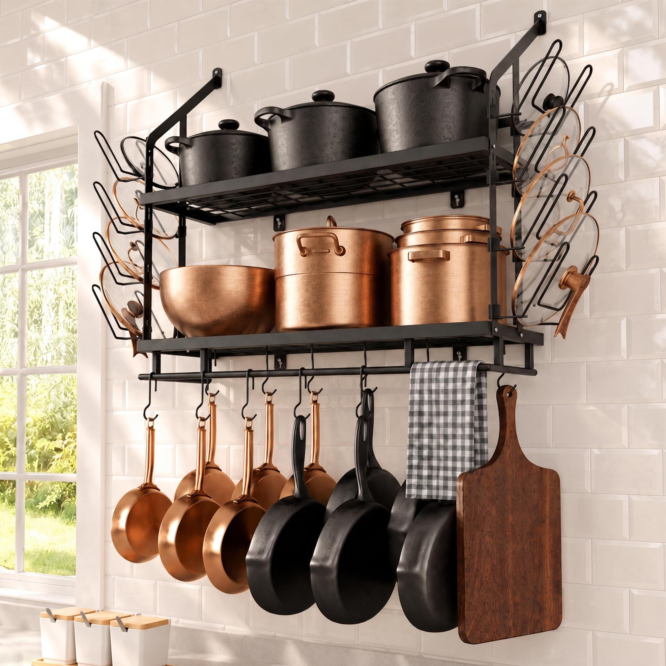KES 30Inch Pot Rack Wall Mounted, 8 Secure Lid Holders & 12 Sturdy Hooks