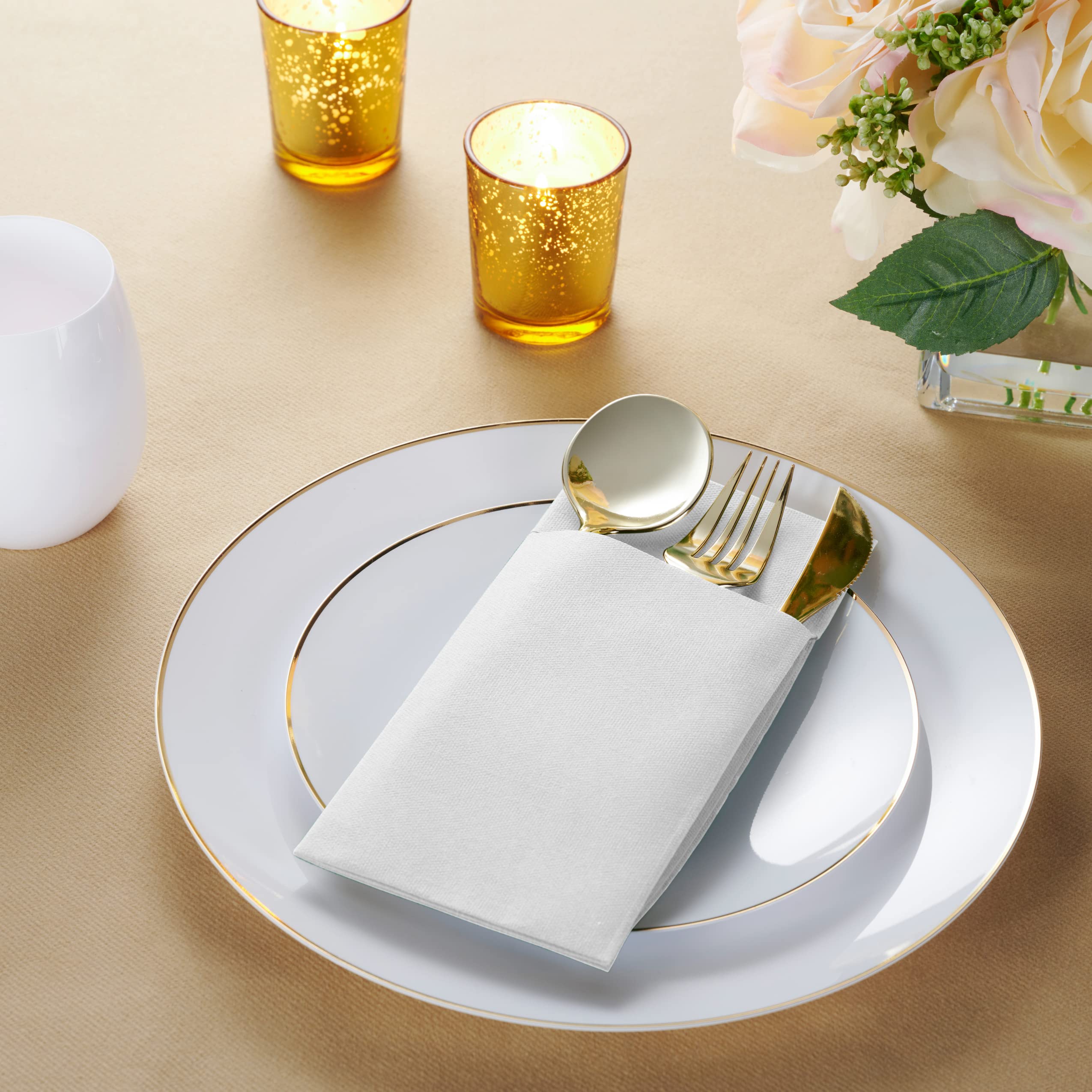 Disposable Linen-Feel Dinner Napkins with Built-in Flatware Pocket  50-Pack WHITE Prefolded Cloth Like Paper Napkins For Dinner  Wedding Or Party [Silverware NOT Included]