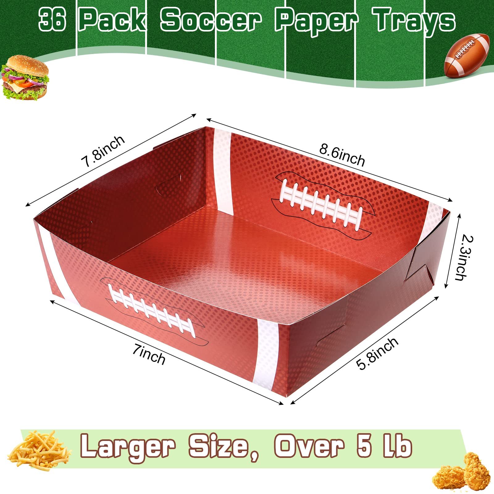 Sawysine 36 Pack Football Party Favors Large Football Plates 5 Lb Paper Trays Serving Tray Football Party Nachos Food Boats Disp