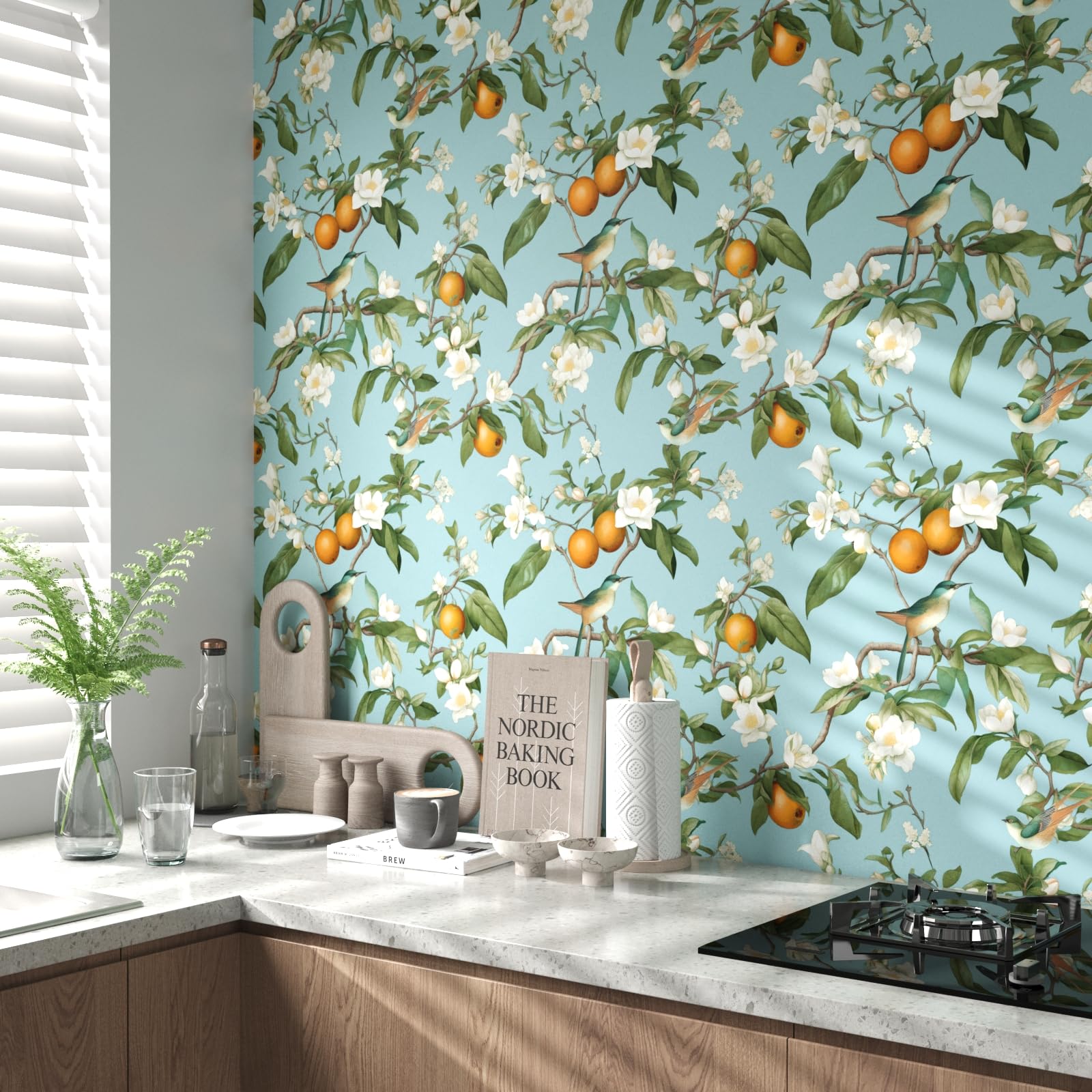 Blue Floral Wallpaper Peel And Stick, Vintage Bird Leaf Fruit Contact Paper, Self Adhesive Removable Retro Wall Mural Wall Paper