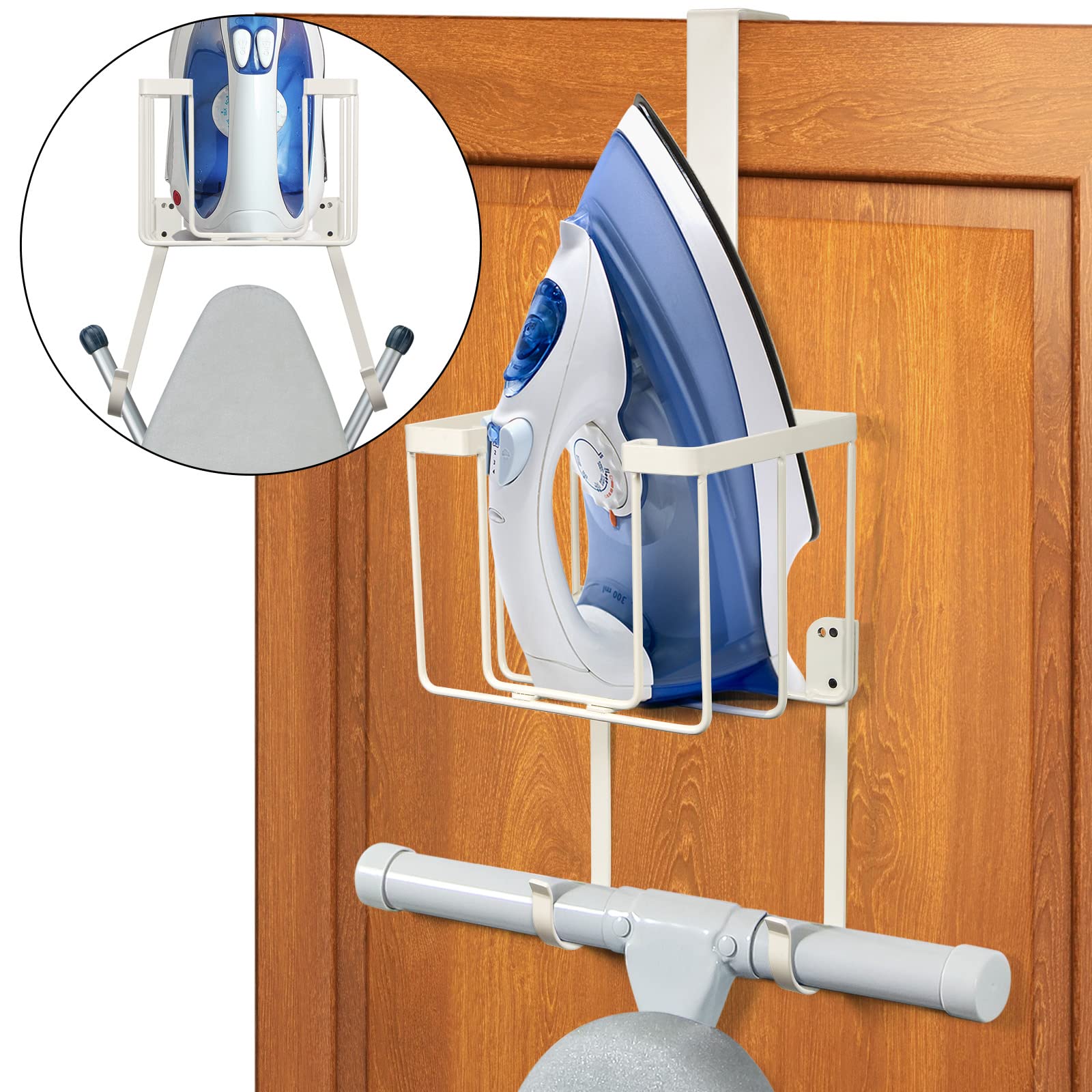 ORLESS Over The Door/Wall Mount Ironing Board Hanger  Laundry Room Iron and Ironing Caddy Board Storage Holder  White