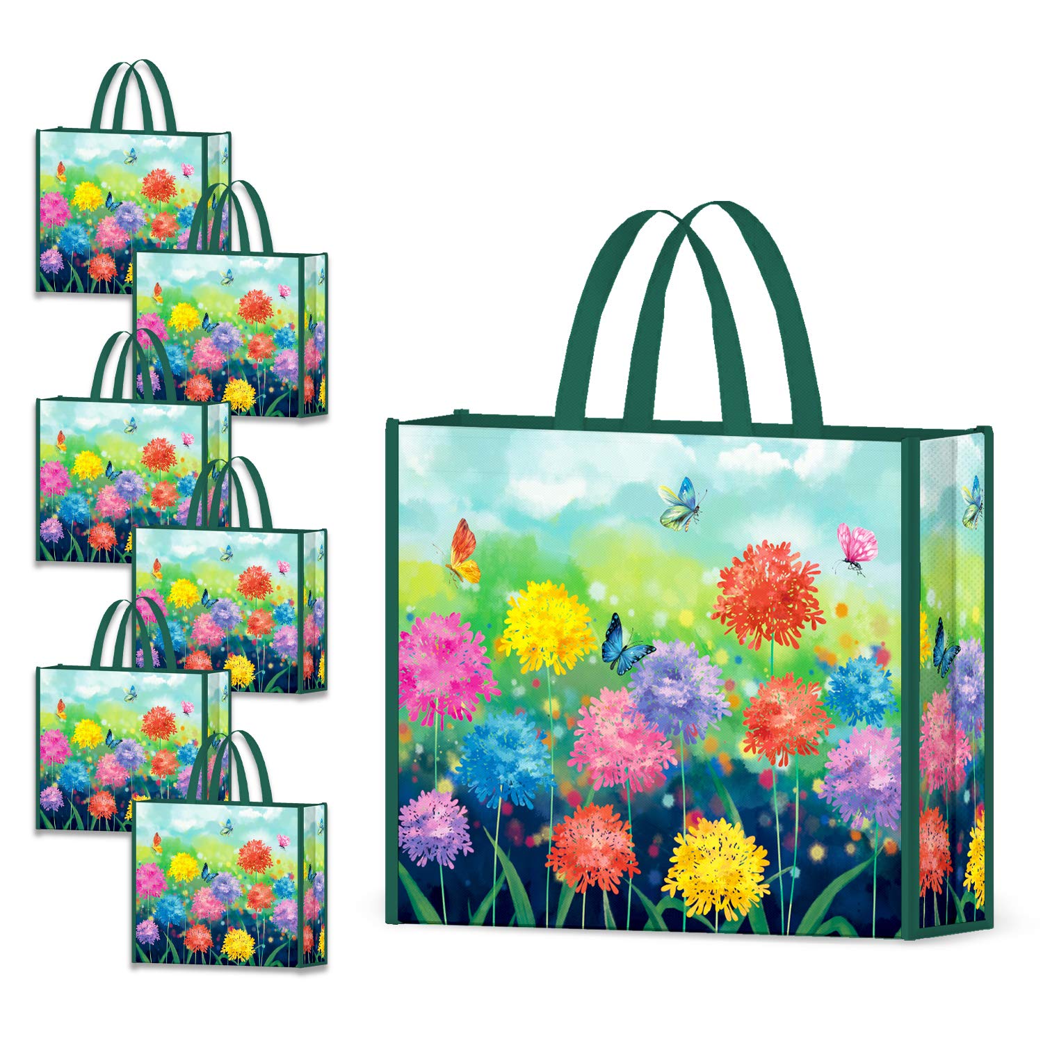 Nymphfable 6 Pack Grocery Bags Reusable Butterflies Colorful Flowers Shopping Bags Washable Foldable Tote Bag 50Lbs