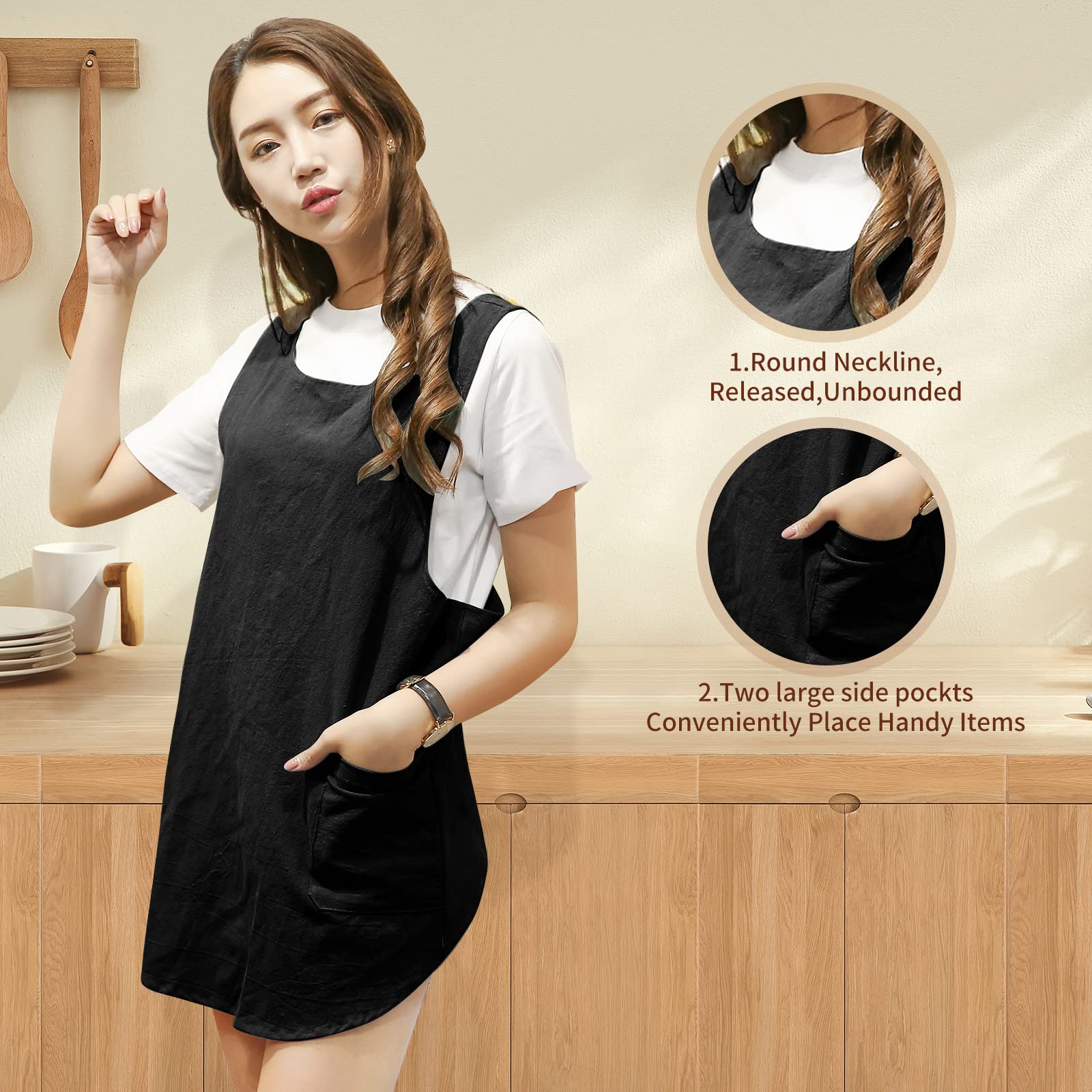 Shortened Design Apron, Japanese Style Soft Cotton Linen Apron With Two Side Pockets, X Cross Halter Apron, Kitchen Cooking Clot