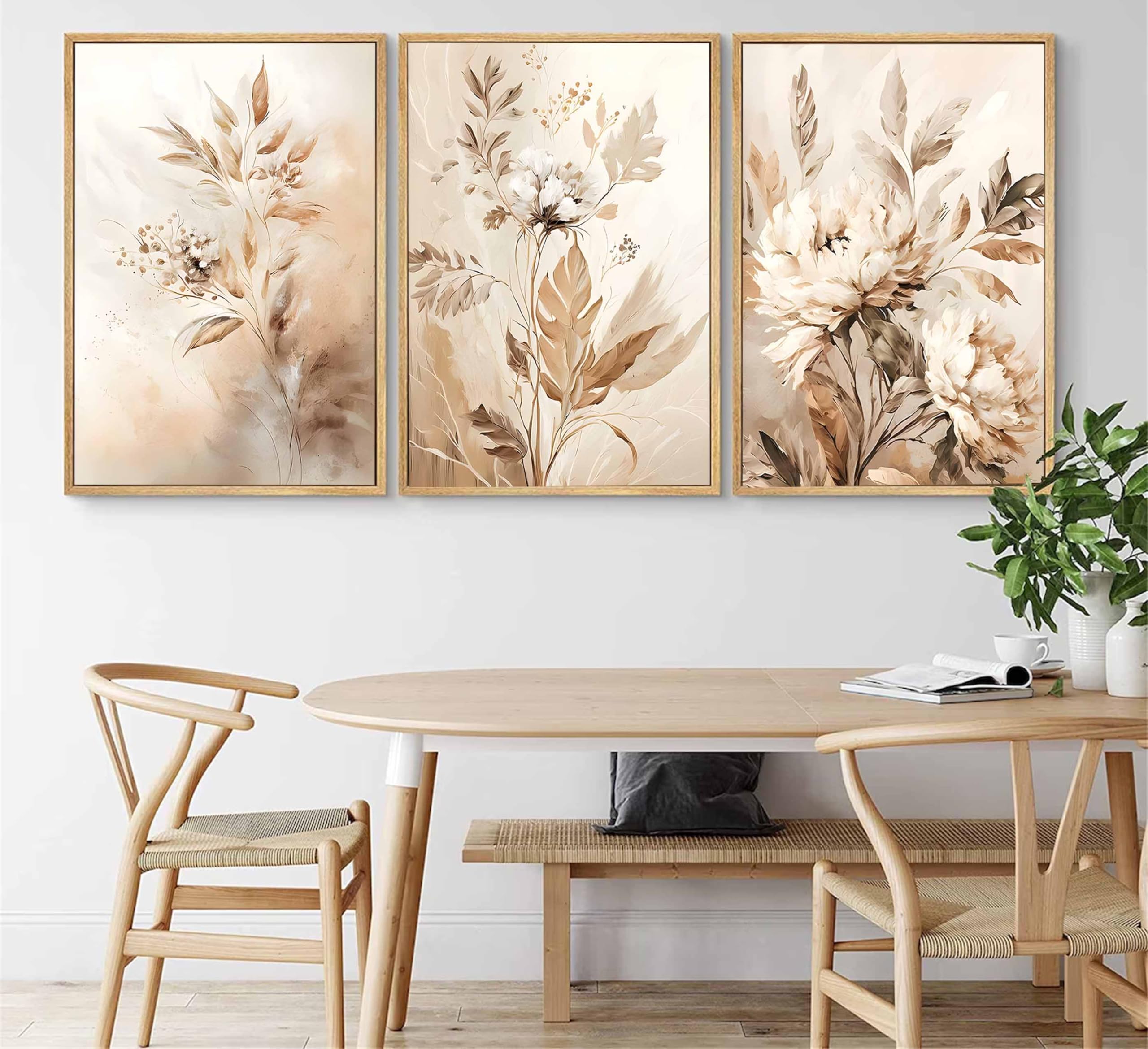 3 Pcs Beige Neutral Flower Canvas Wall Art Wildflowers Floral Botanical Painting Picture Wall Decor Poster Print Artwork For Bed