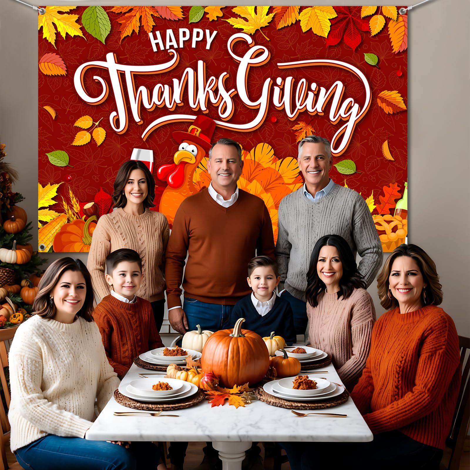 Thanksgiving Party Decorations - Turkey Happy Thanksgiving Banner with Maple, Pumpkin Design for Give Thanks Celebrations