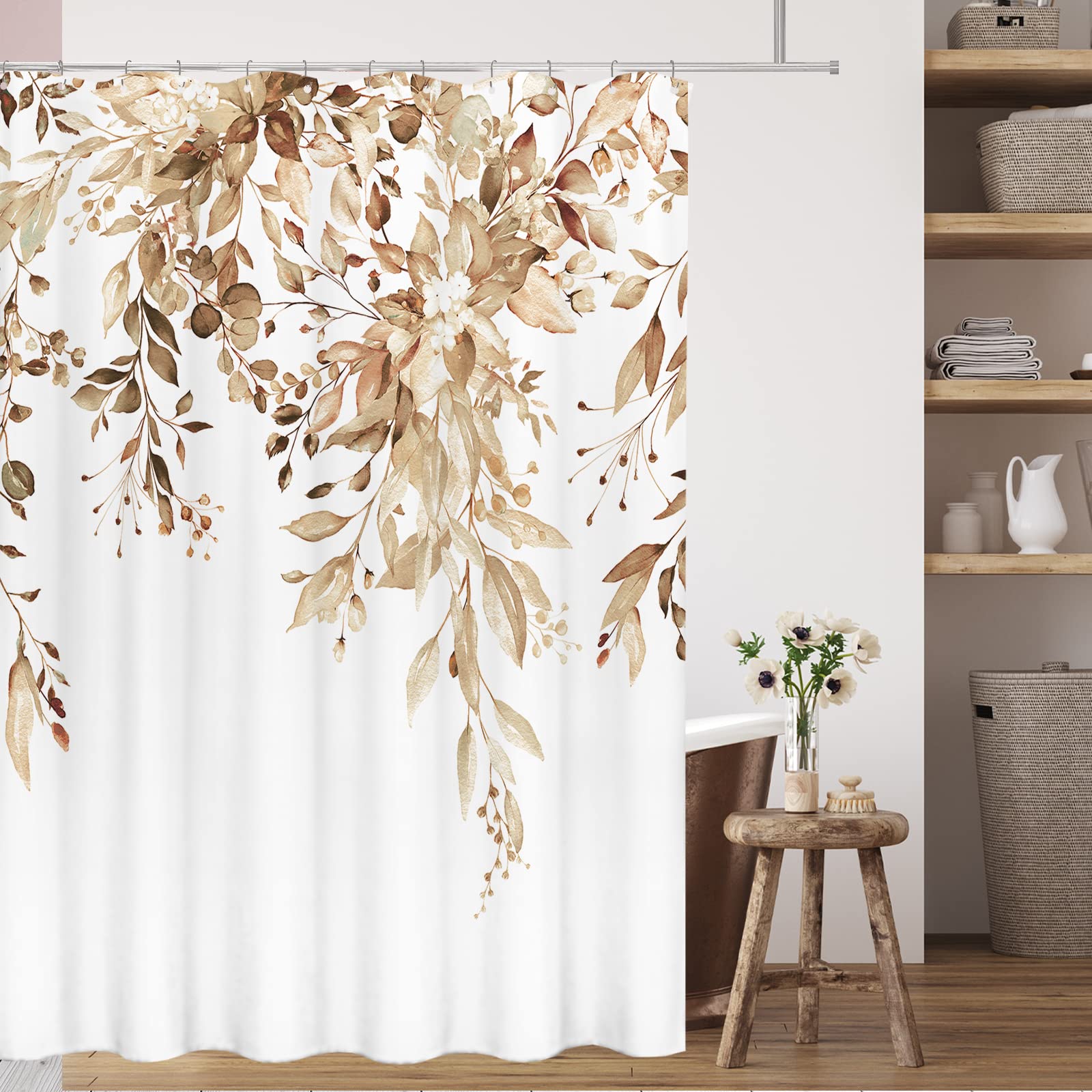Tititex Tan Eucalyptus Shower Curtain Sets, Watercolor Light Brown Leaves On The Top Plant With Floral Bathroom Decoration 60X72