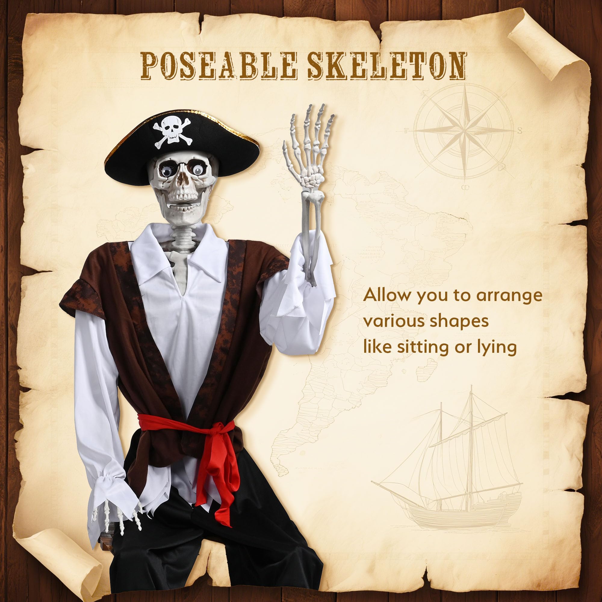 AW Skeleton Pirate Captain Life Size 5.4FT Halloween Decoration Movable Joints Human Bone with Detailed Costume Outdoor Yard Ind