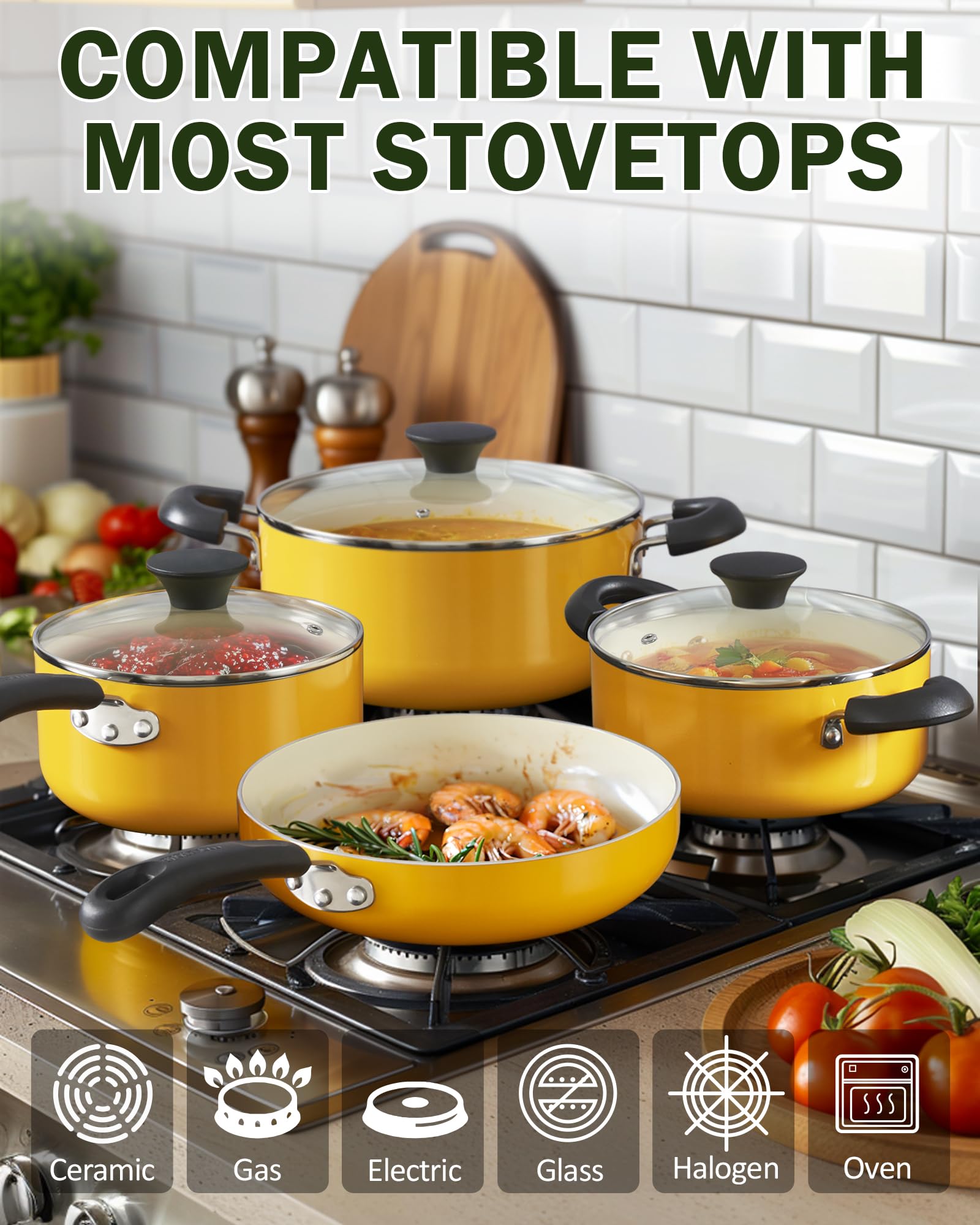 Cook N Home Pots and Pans Set Nonstick, 10-Piece Ceramic Kitchen Cookware Sets, Nonstick Cooking Set with Saucepans, Frying Pans