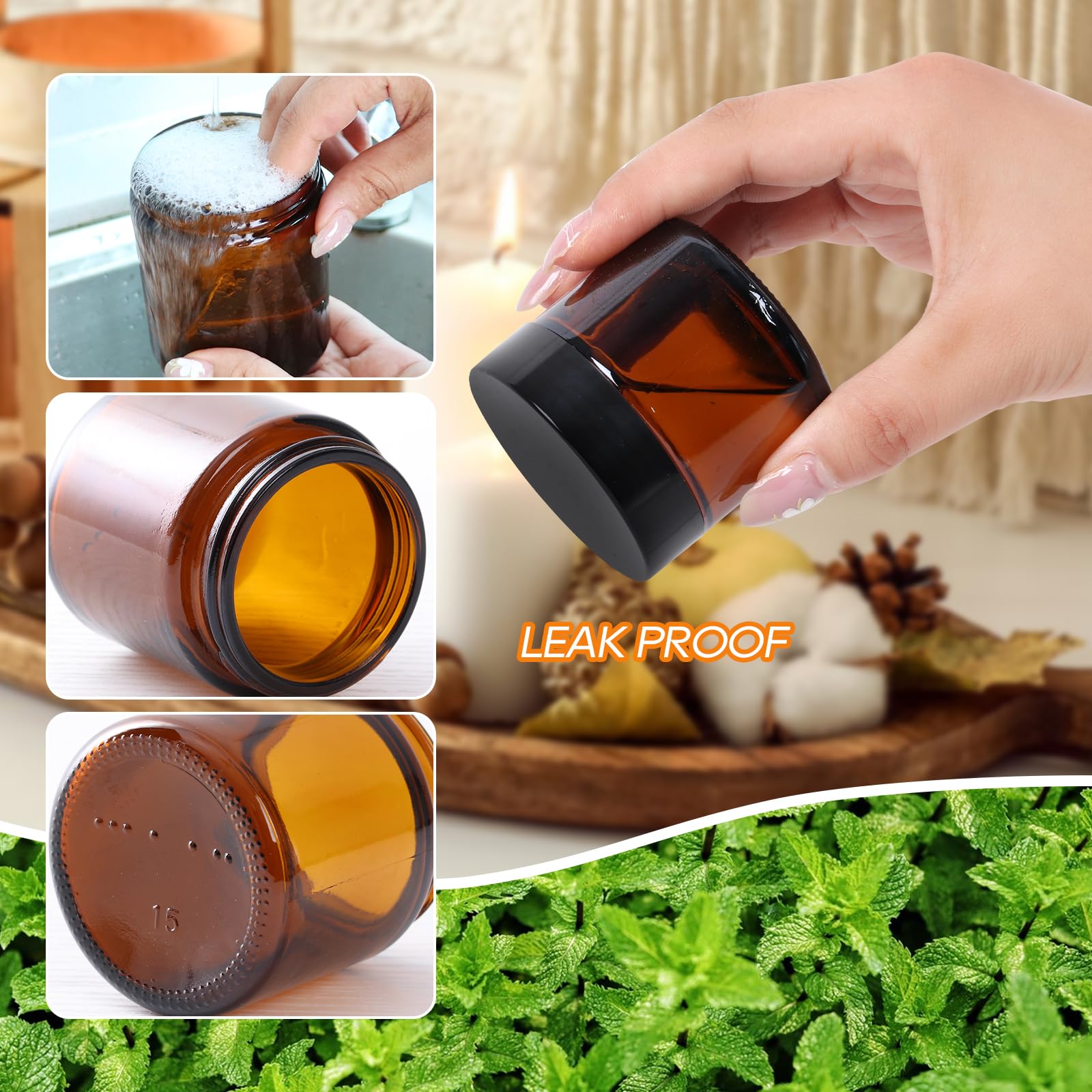 3 Pack 2 Oz Amber Glass Jars With Lids, Cosmetic Jars With Inner Liners And Black Lids, Lotion Jars, Candle Making Jars For Loti