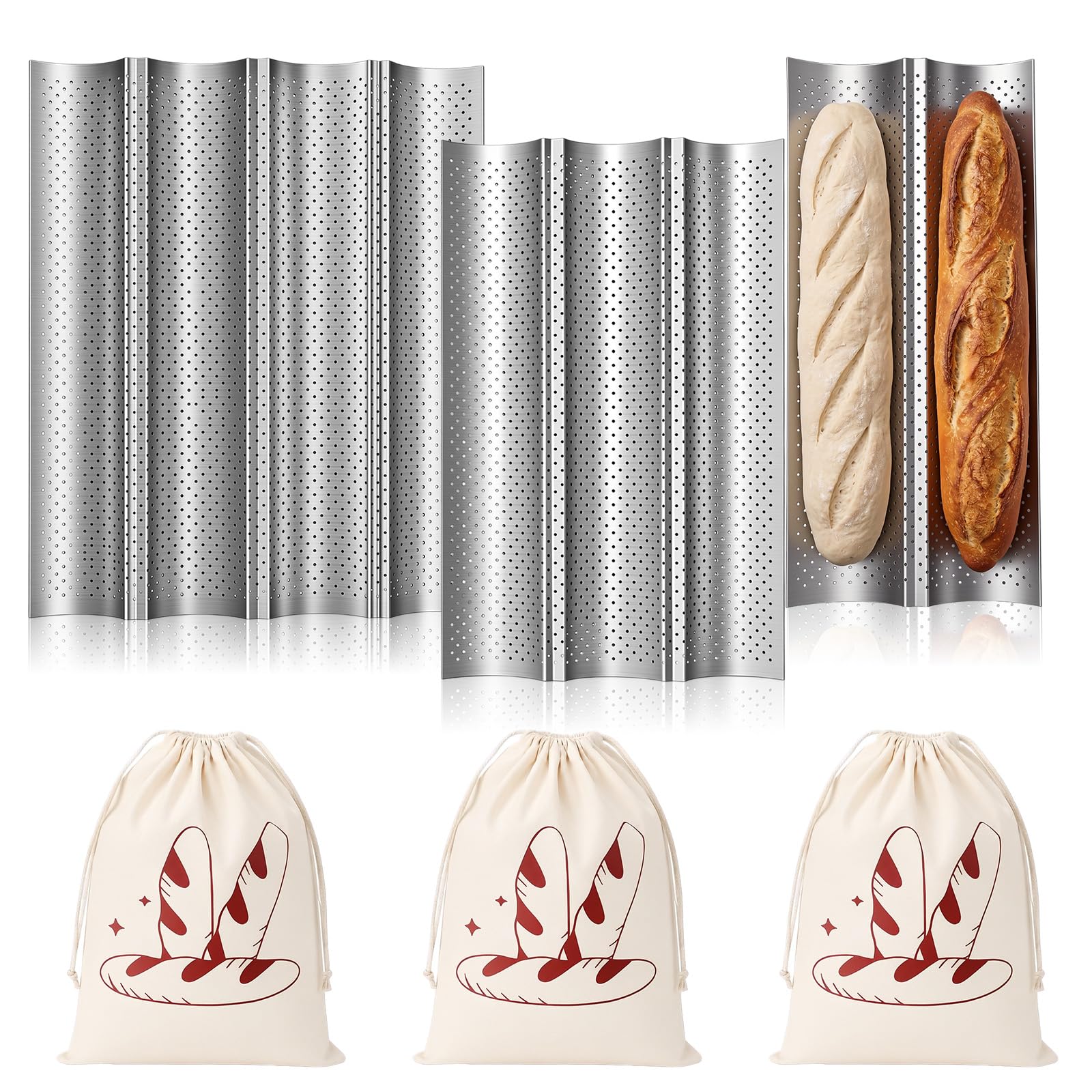 Ferrochef 6 Pcs Nonstick French Bread Loaf Pan Linen Bags Set