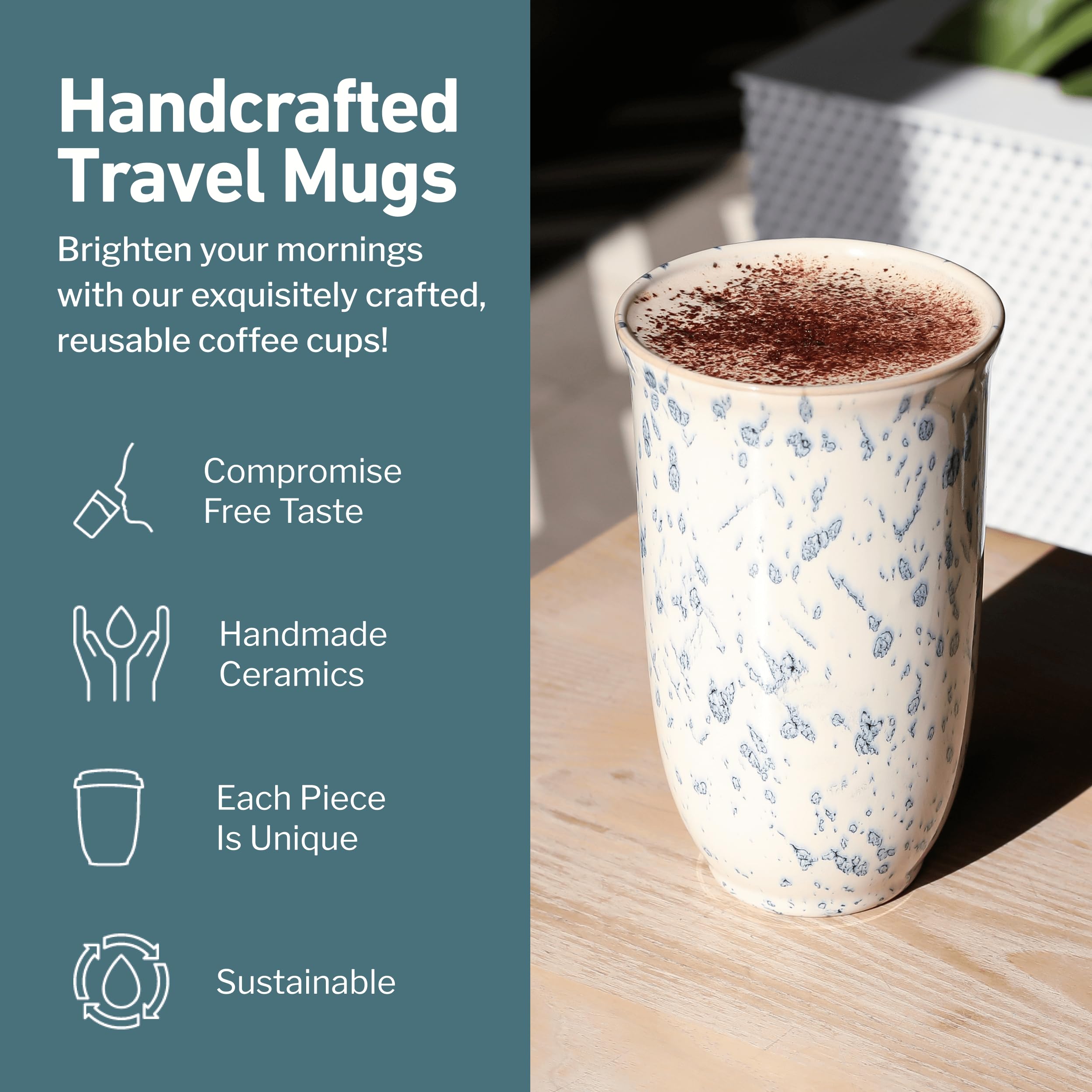 NOVA CERAMICS Travel Coffee Mug- Travel Coffee Tumbler - On the Go Coffee Mug - Microwave & Dishwasher Safe Green Coffee Tumbler