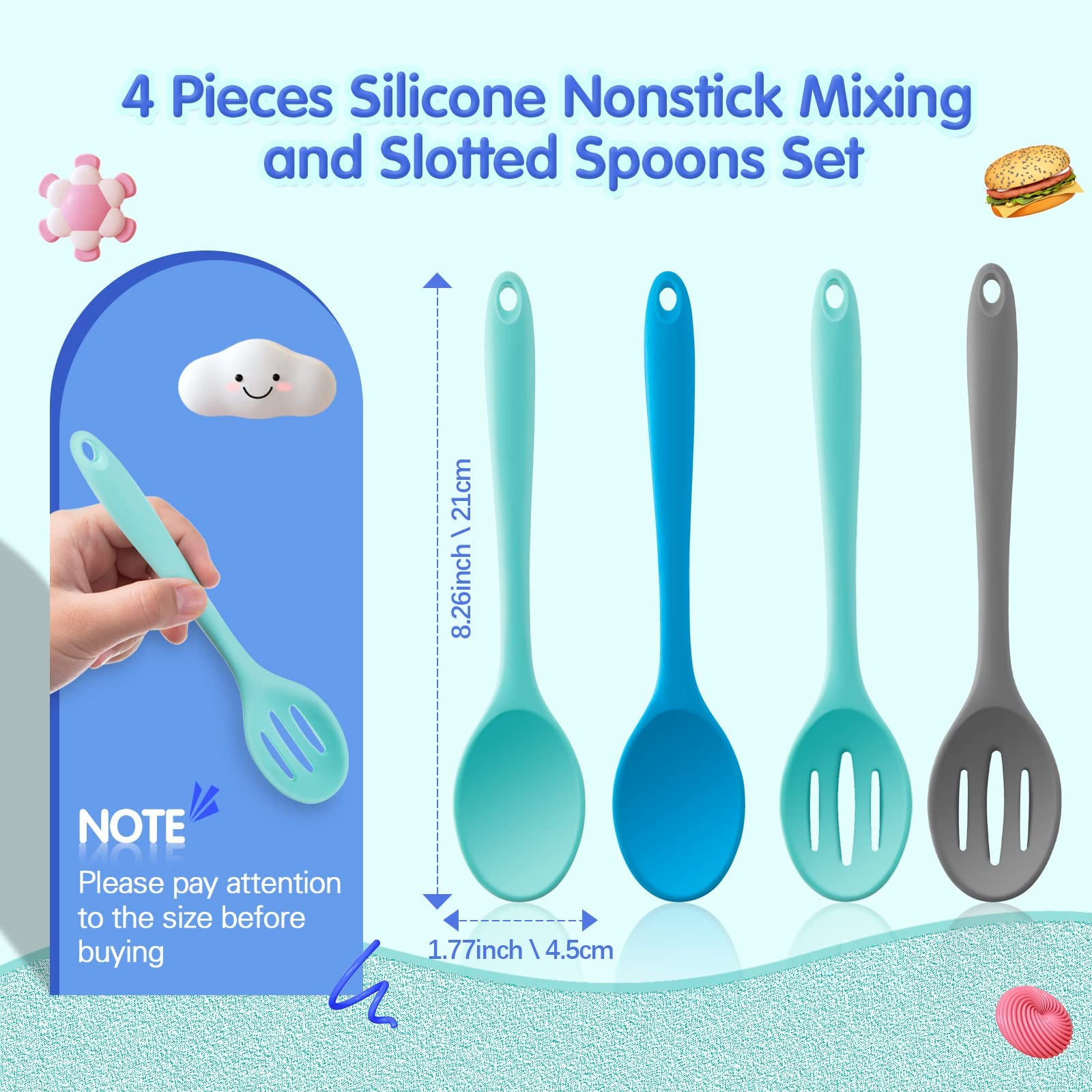 Dandat 4 Pieces Silicone Nonstick Mixing Spoons Heat Resistant Utensil Basting Serving Spoon Cooking Baking For Stirring Kitchen