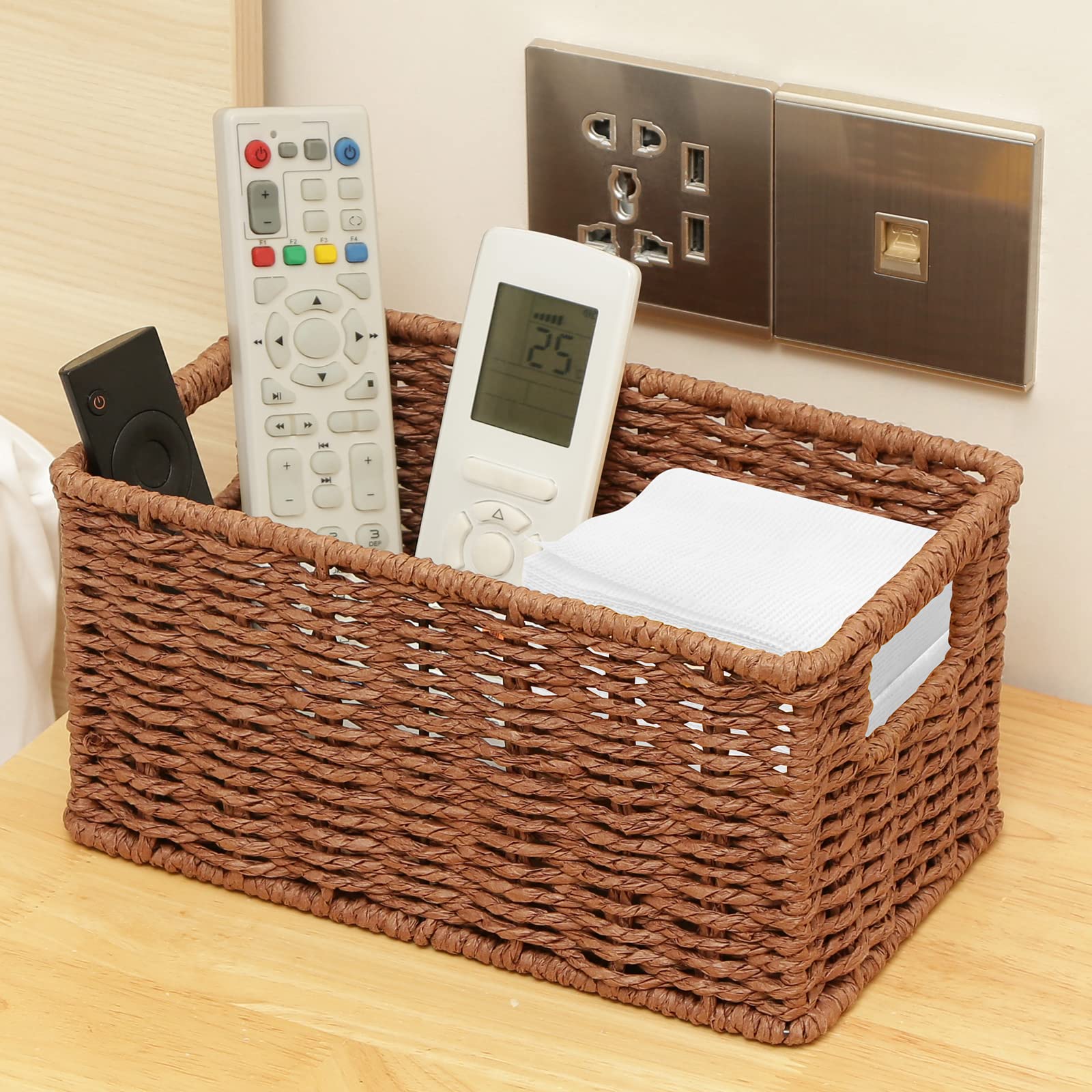 HOONEX Woven Baskets for Storage  Paper Rope Baskets with Sturdy Metal Wire Frame  Baskets for Shelves  Set of 2  Dark Brown