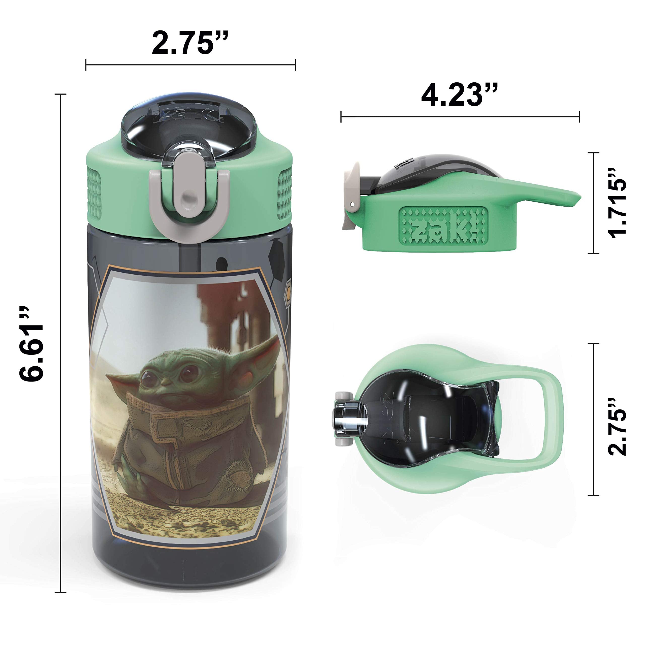 Zak Designs Baby Yoda Kids Durable Plastic Spout Cover And Built-In Carrying Loop, Leak-Proof Water Design For Travel, (16Oz, 2P