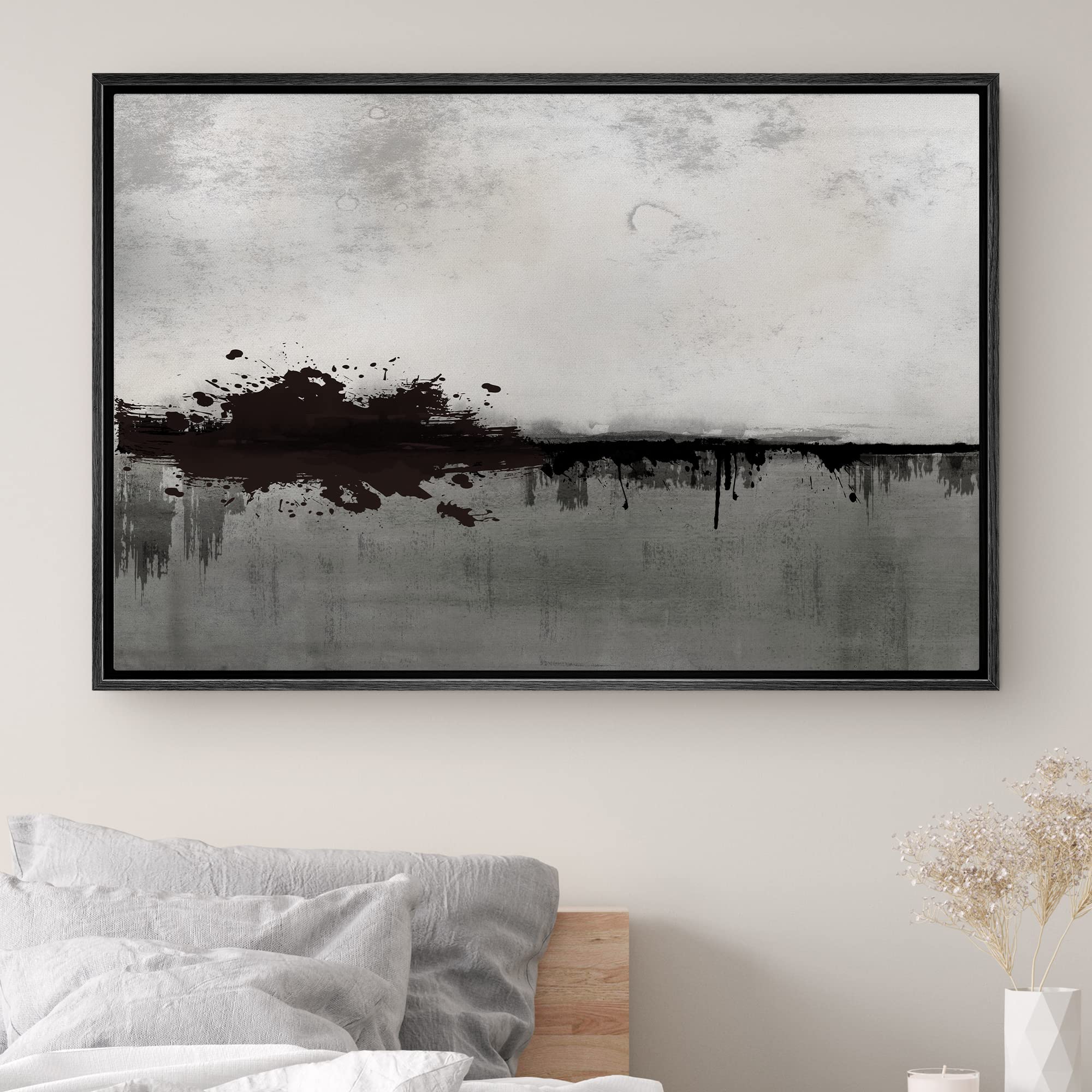 Signwin Framed Canvas Print Wall Art Black Gray Dark Paint Splatter Collage Abstract Shape Illustrations Modern Art Decorative C