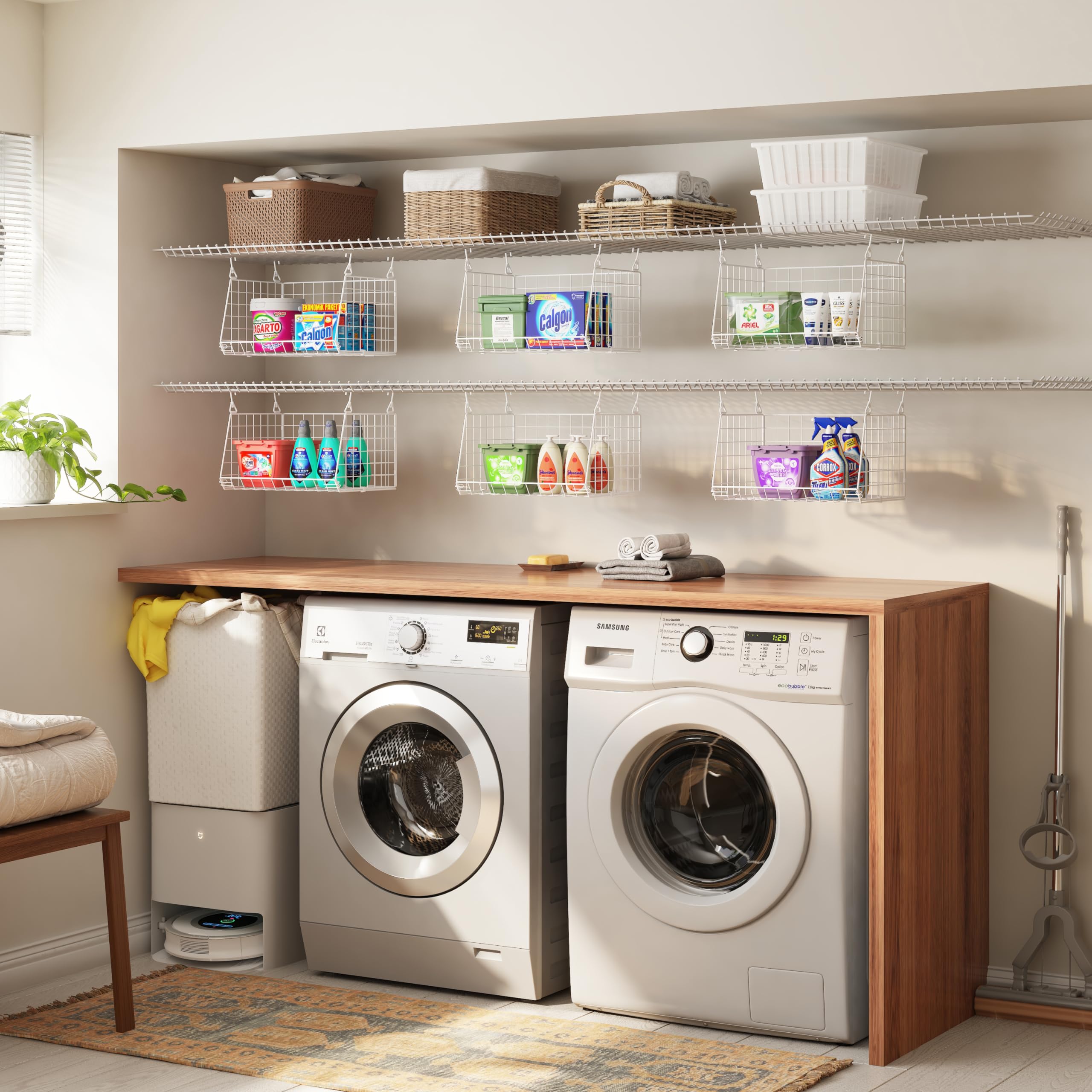 3-Tier Hanging Laundry Basket Organizer:Foldable Wire Shelf Laundry Room Organizer With 360Rotating Hooks Space Saving Over Wash