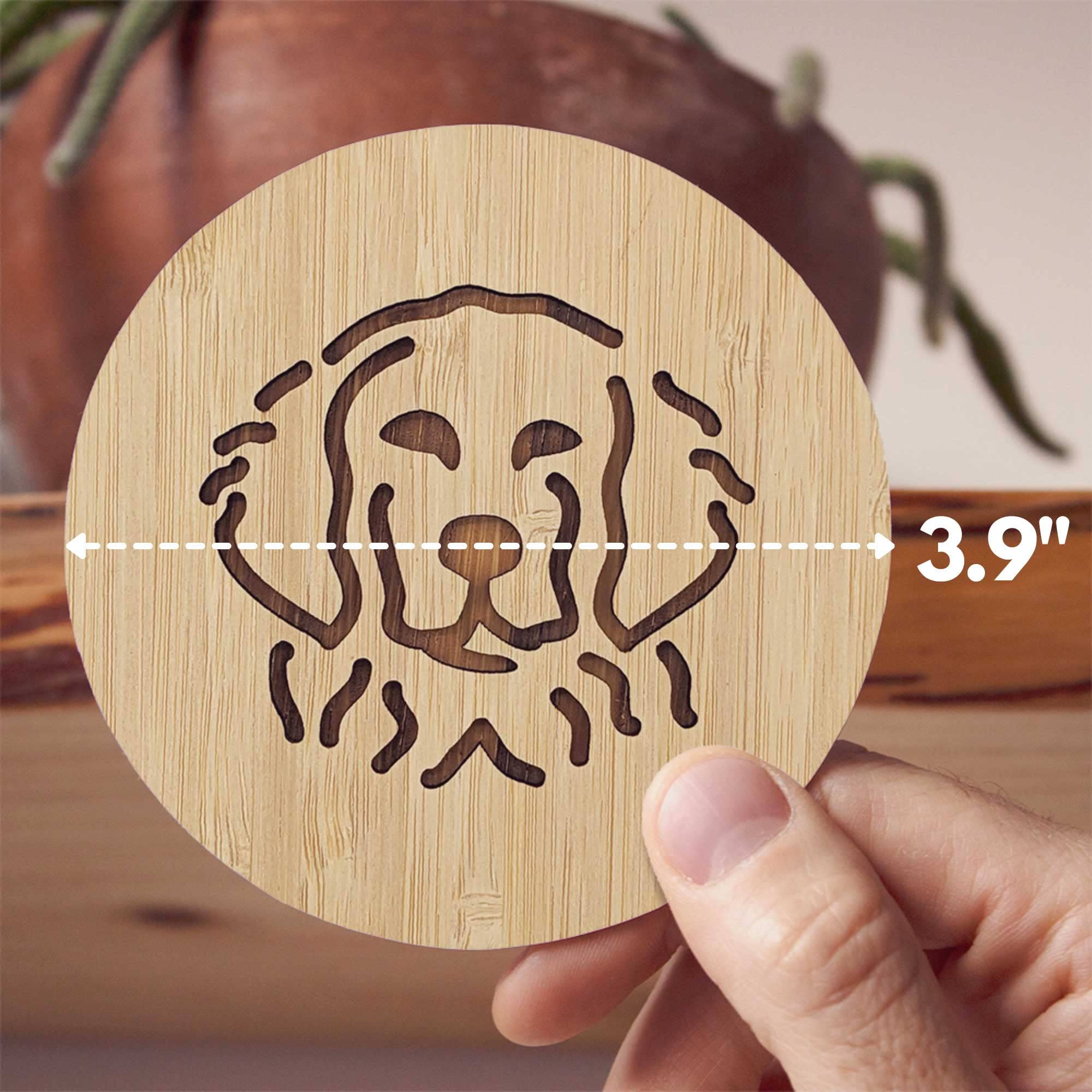 Set Of 6 Bamboo Coasters With Holder - 3.9'' Fun Dog Coasters - Non-Stick Absorbent Engraved Laser-Cut Coasters With Dog Face -