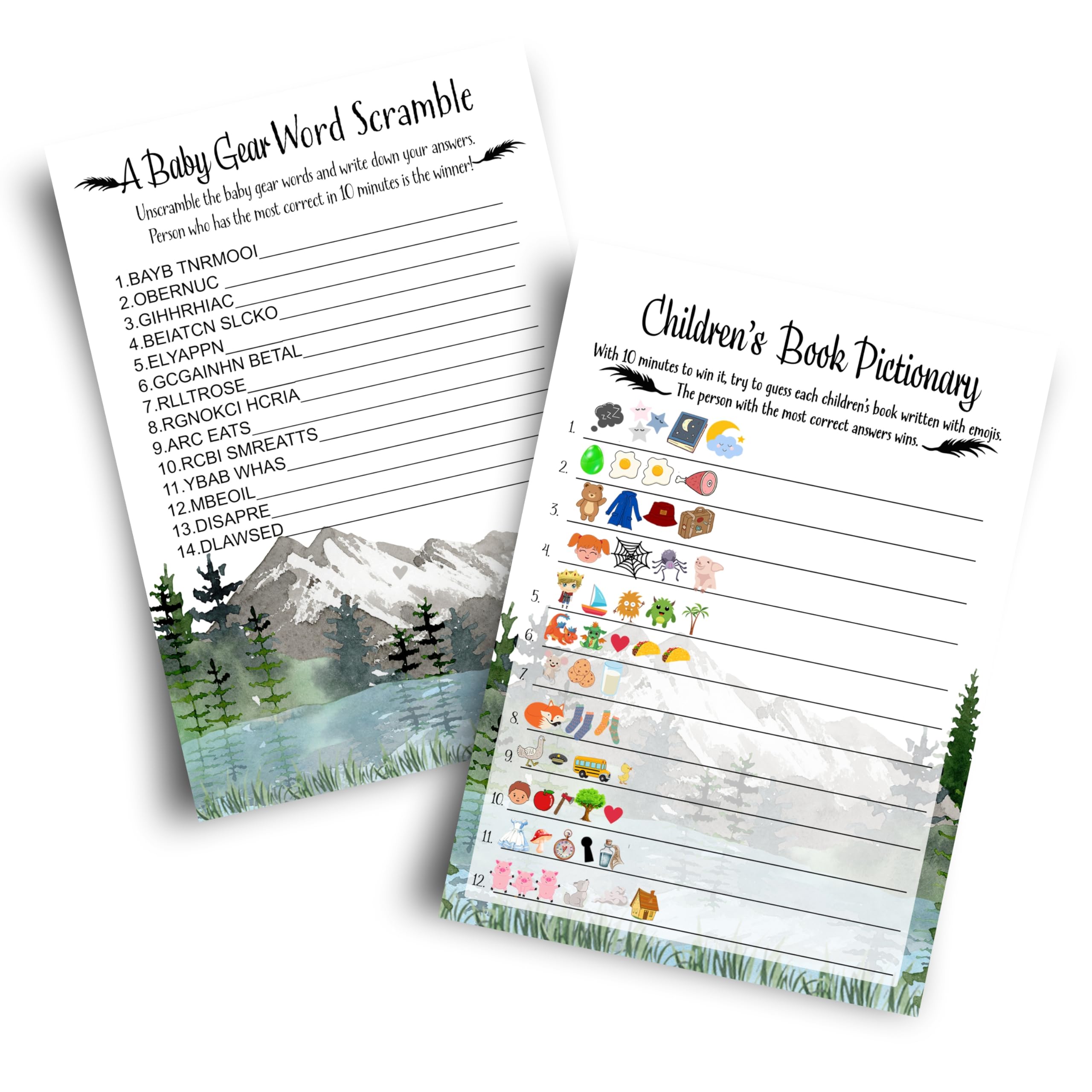 Adventure Awaits Baby Shower Games For Boys - 25 Cards - Guess The Storybook Titles & Baby Word Scramble - Mountain Theme Pack,