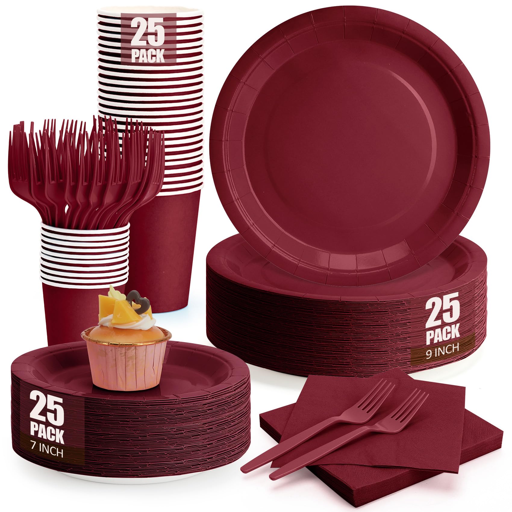 Burgundy Plates and Napkins Party Supplies, Include 9Disposable Burgundy Paper Plate, 7Dessert Plates and Cups and Napkins Forks