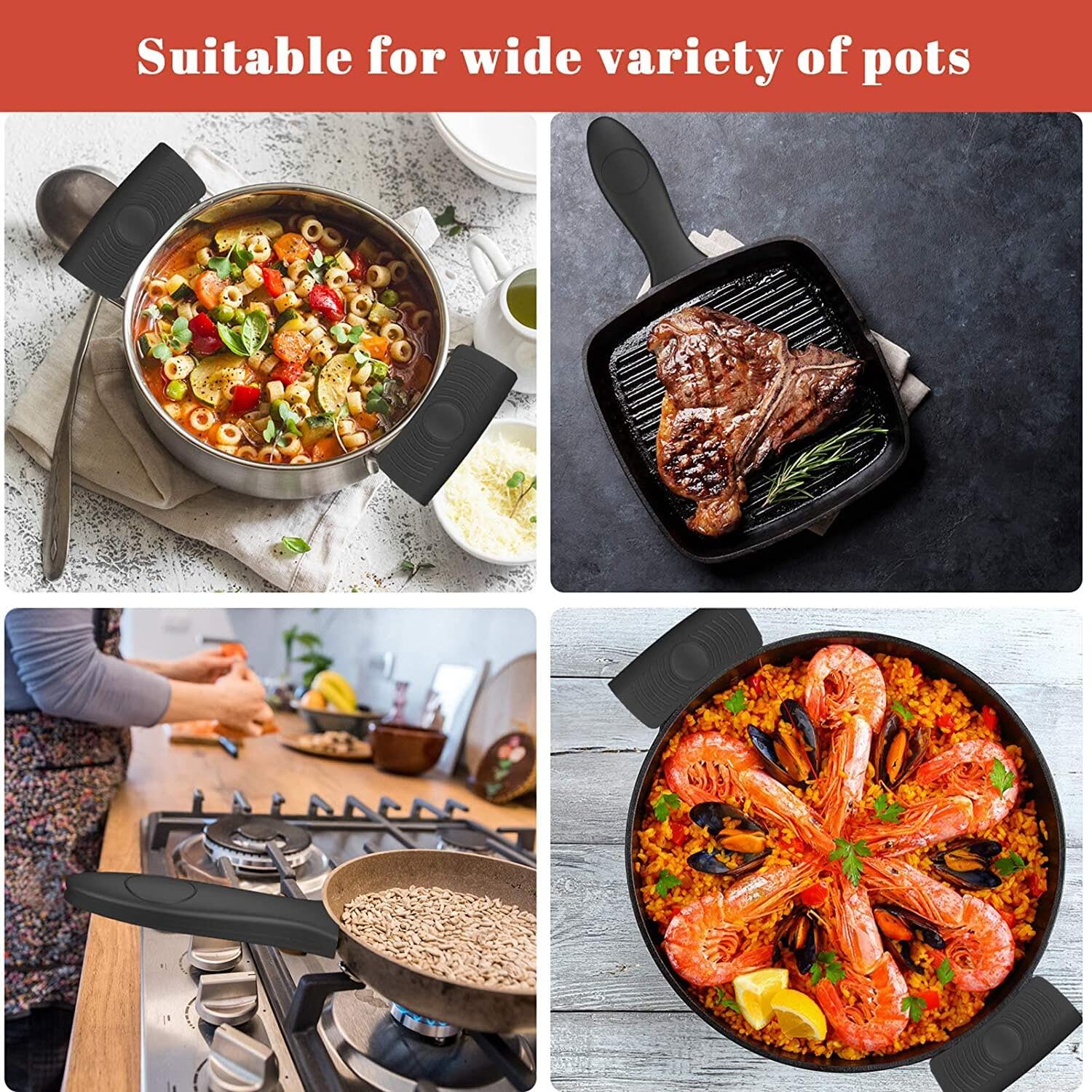 4 Pack Silicone Hot Skillet Handle Holder And Pot Holders Cover Sleeve, Heat Resistant Cast Iron Potholder Protectors Grip, Anti