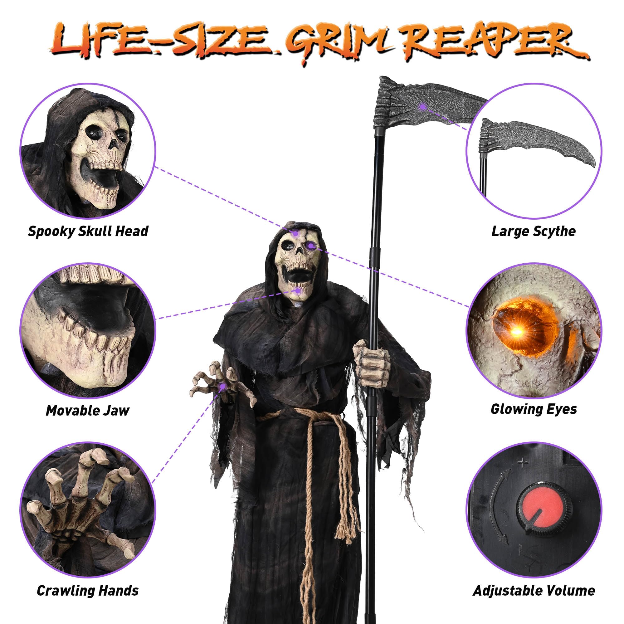AW Halloween Animated Grim Reaper with Scythe Motion Sensor Glowing Eyes Spooky Sounds Volume Control AC Powered 100V-240V for O
