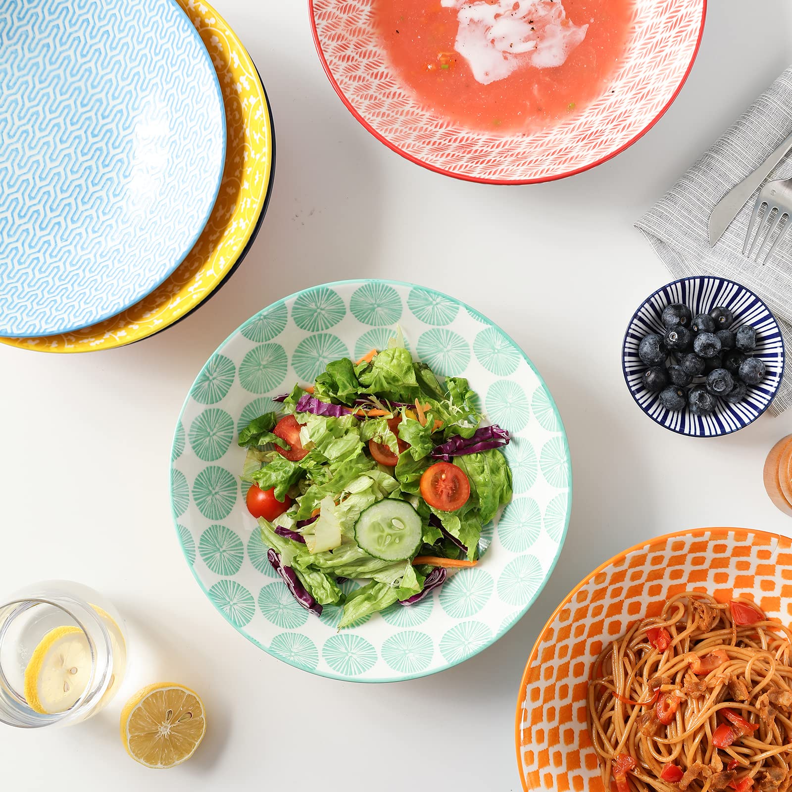 Selamica Ceramic 30Oz Large Pasta Salad Bowls 8 Inch Wide And Shallow Soup Bowls, Stackable, Microwave And Oven Safe, Set Of 6,