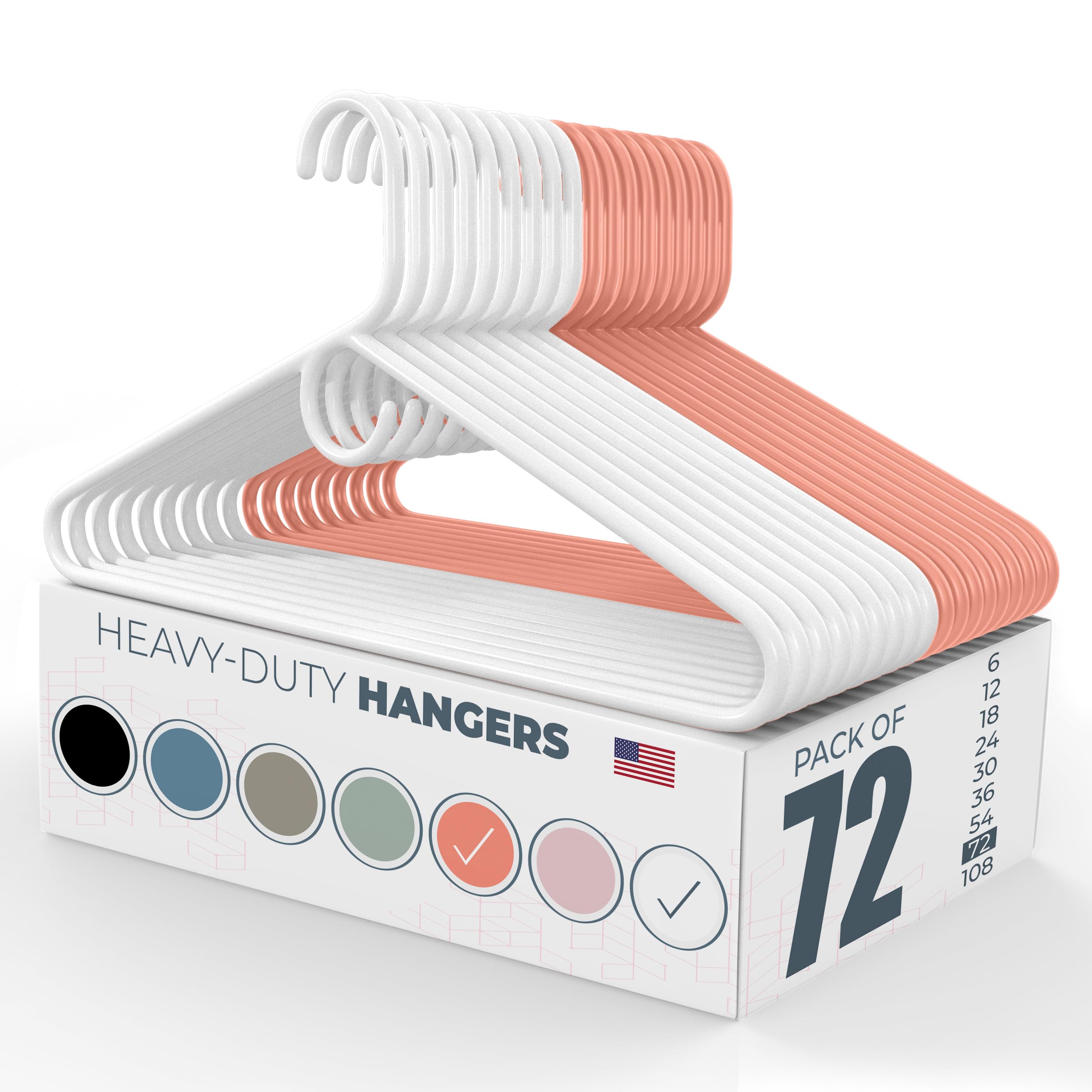 72Pk Made In Usa Heavy Duty Plastic Clothes Hangers Bulk, 20 30 50 100 Pack Available, Strong Plastic Hangers, Jacket Coat Hange