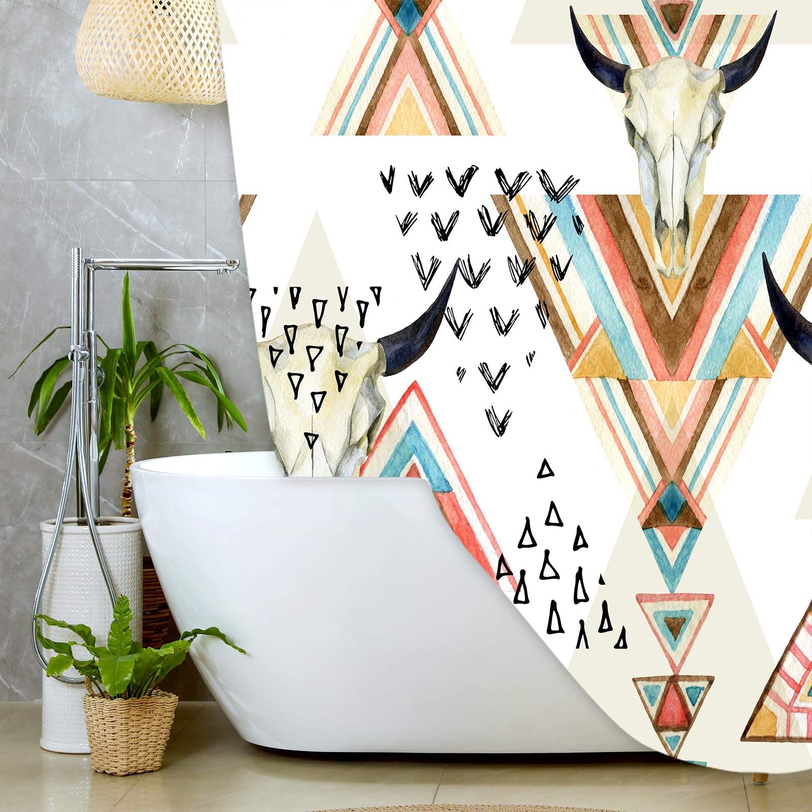Jawo Western Boho Shower Curtain Native Aztec Tribal Bull Skull Southwestern Cow Bohemian Geometric Pattern West Bathroom Decor